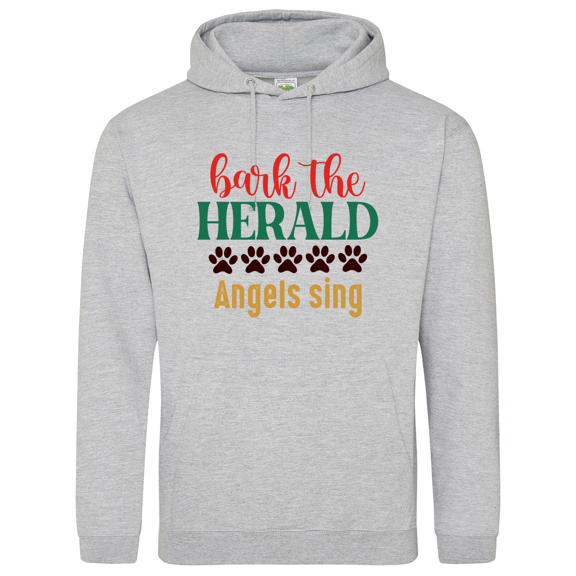 Heather grey hoodie featuring the “Bark the Herald Angels Sing” festive design with red, green, and gold lettering and paw prints.