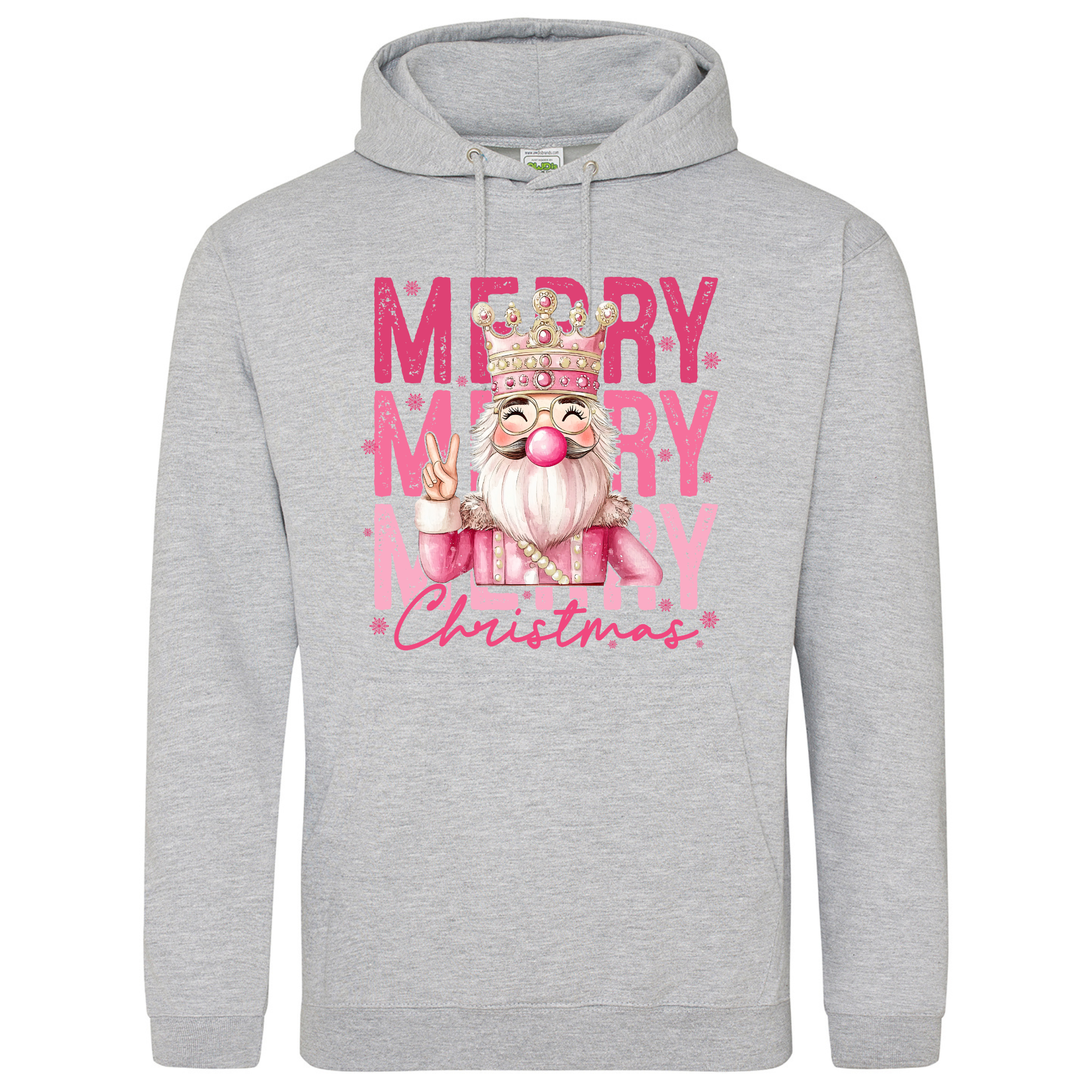Pink Nutcracker Hoodie in Heather Grey – soft grey hoodie with pink Nutcracker design.