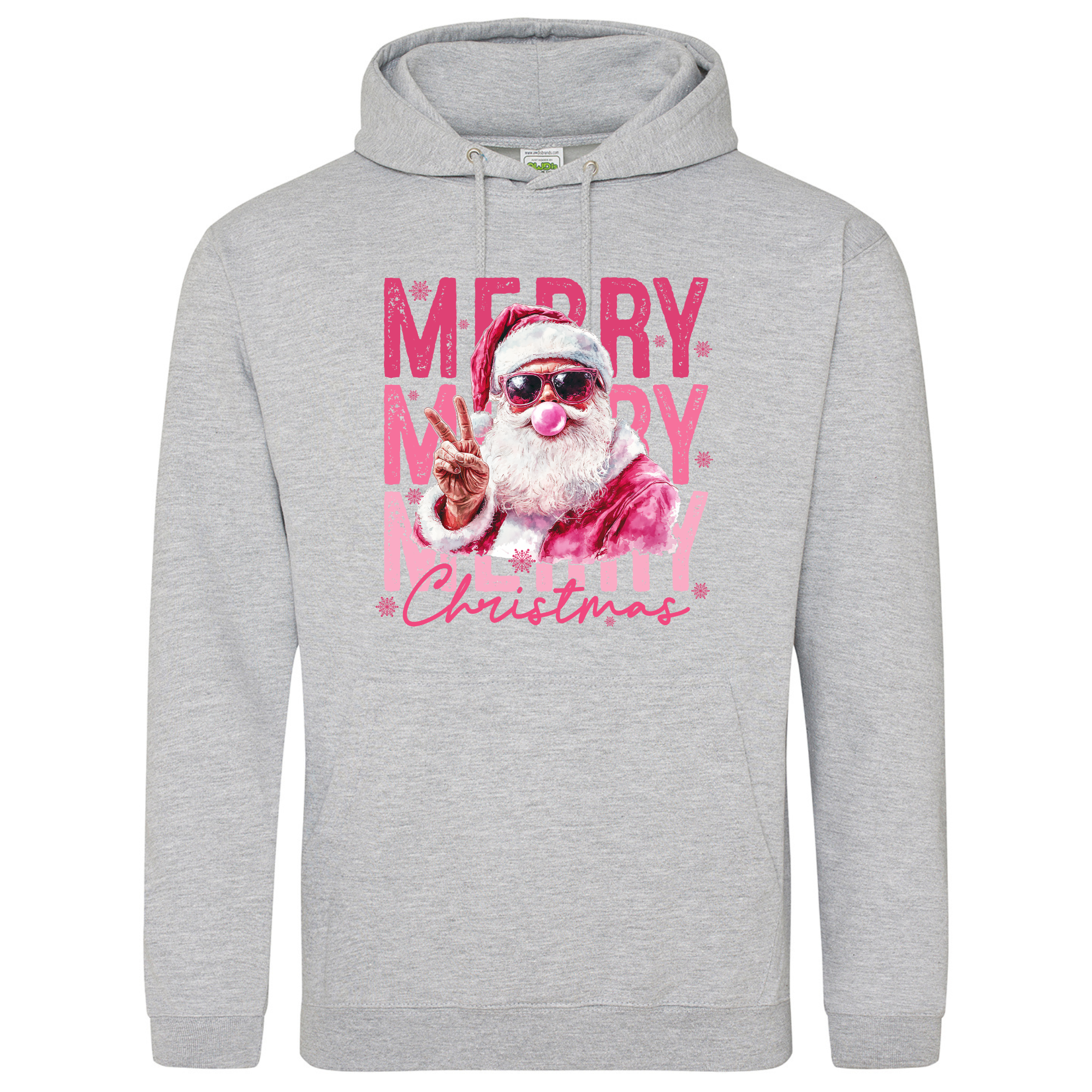 Pink Santa Merry Christmas Hoodie in Heather Grey with festive bubblegum Santa print.