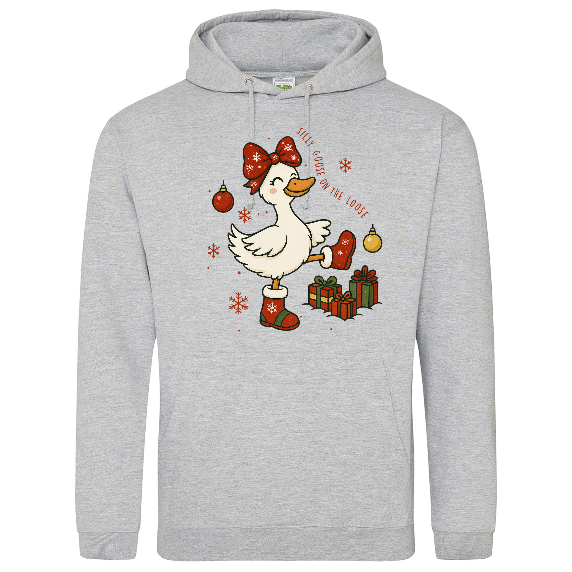 Heather Grey Silly Goose on the Loose Christmas Hoodie featuring festive goose illustration.