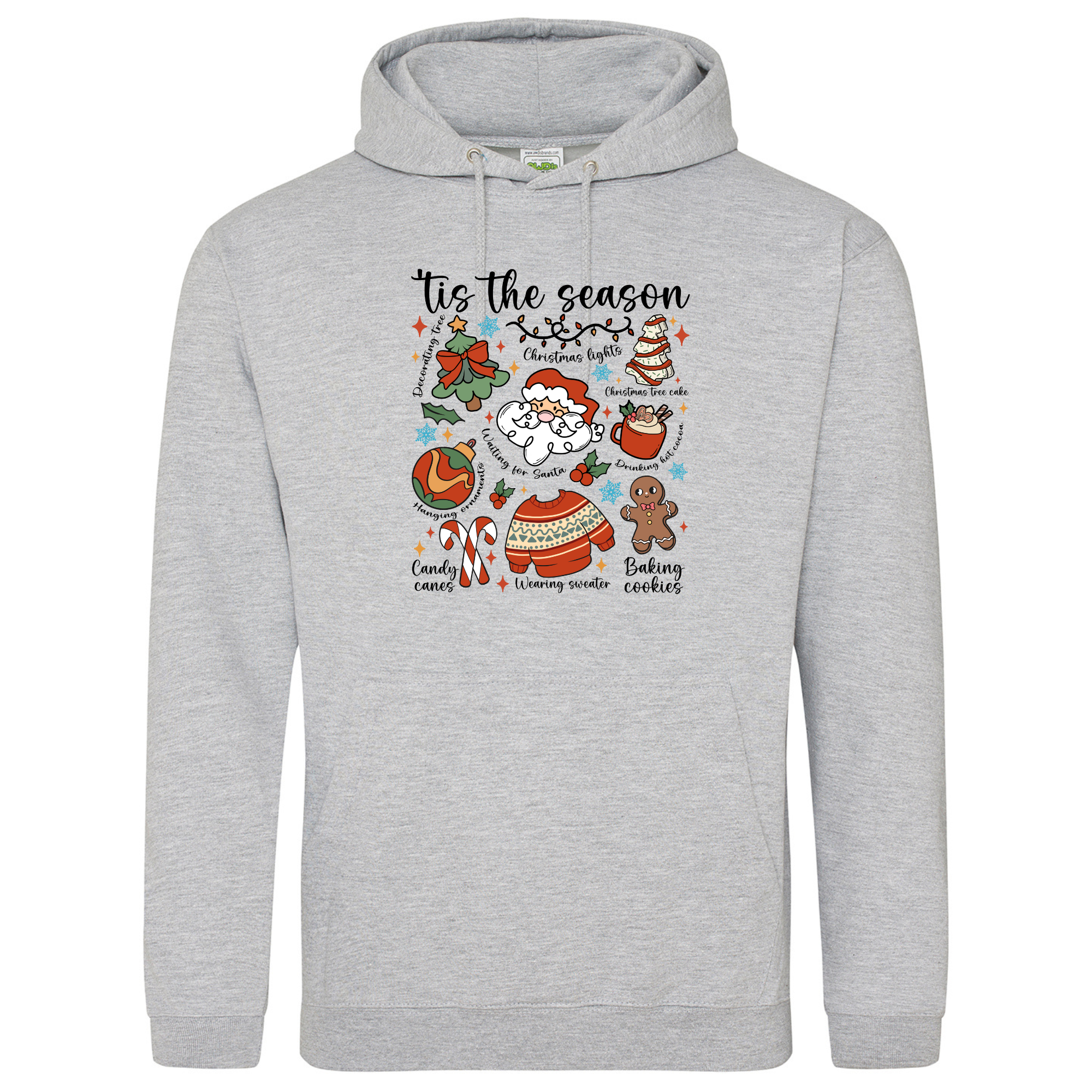 Tis the Season Cartoon Christmas Hoodie in Heather Grey with festive Santa design.