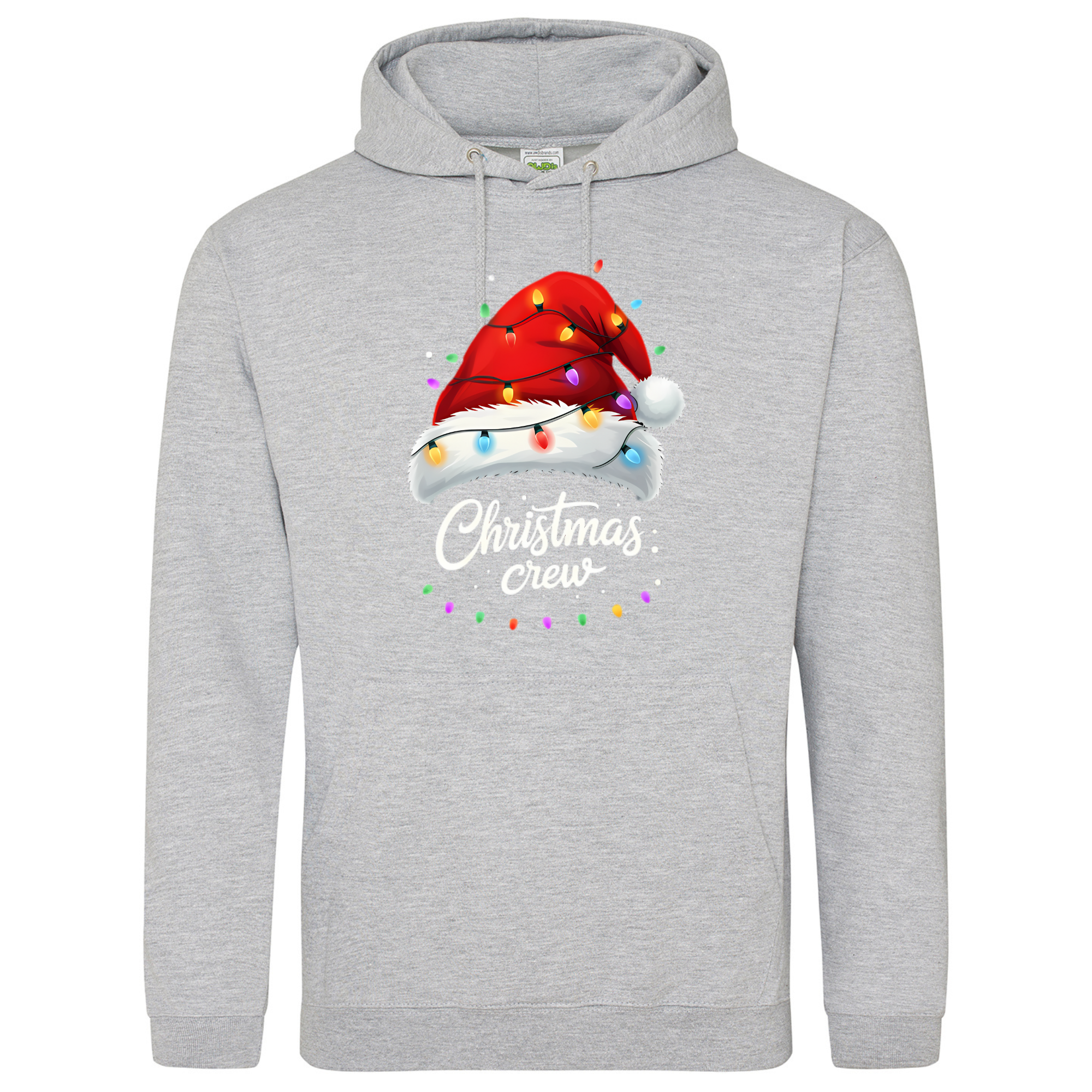 Light grey hoodie with Christmas Crew Santa hat and light string design.