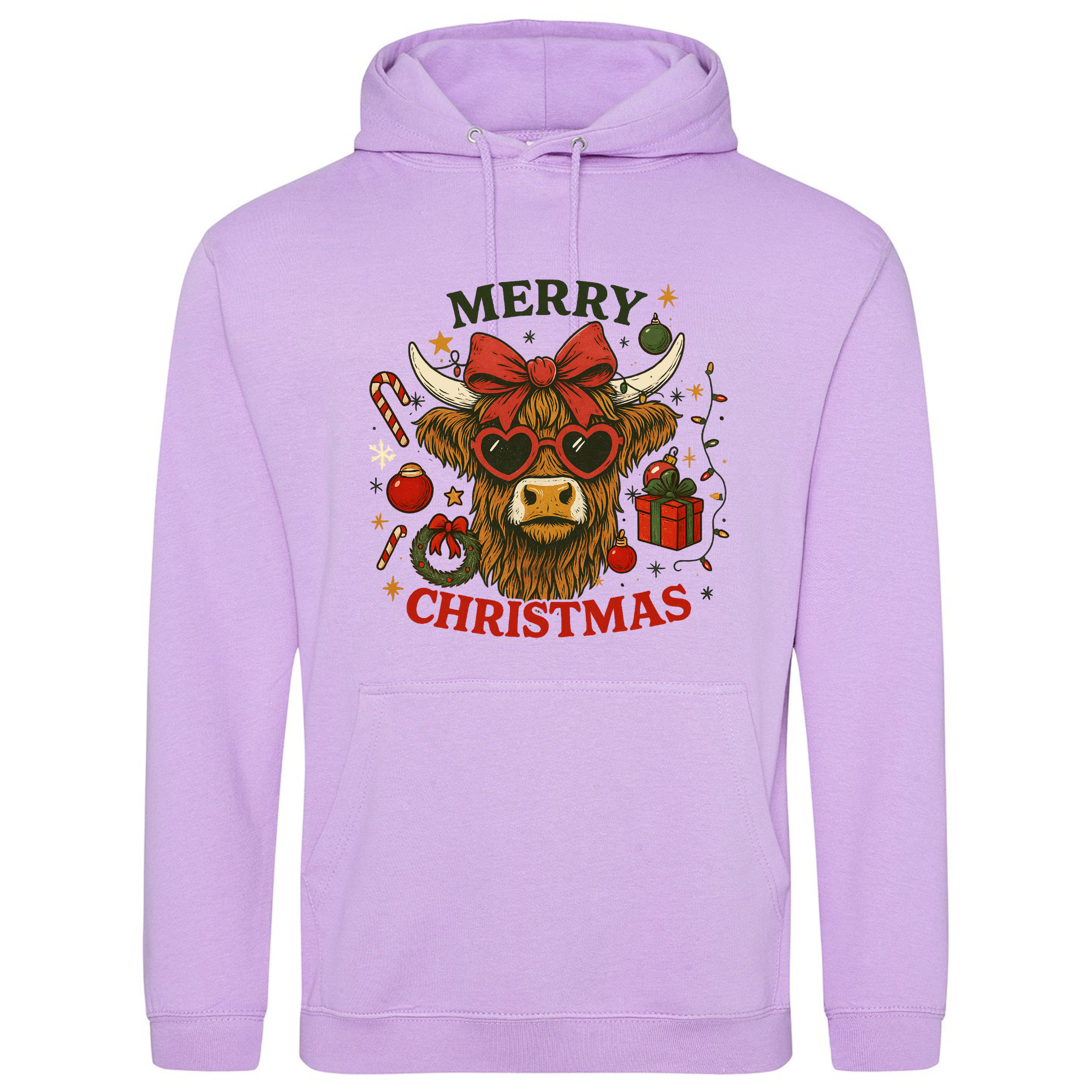 Merry Christmas Highland Cow Hoodie in Lavender