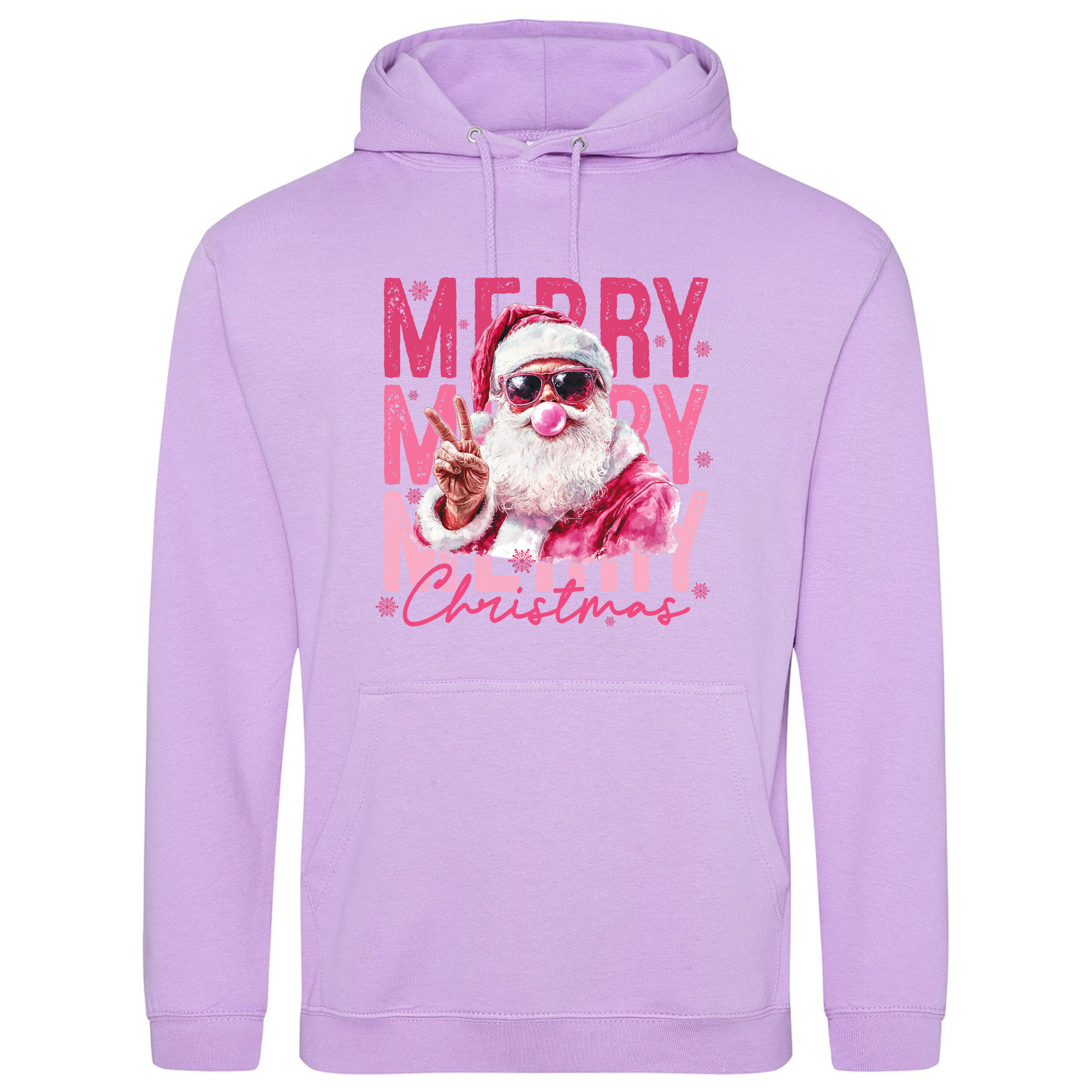 Pink Santa Merry Christmas Hoodie in Lavender with trendy festive design.