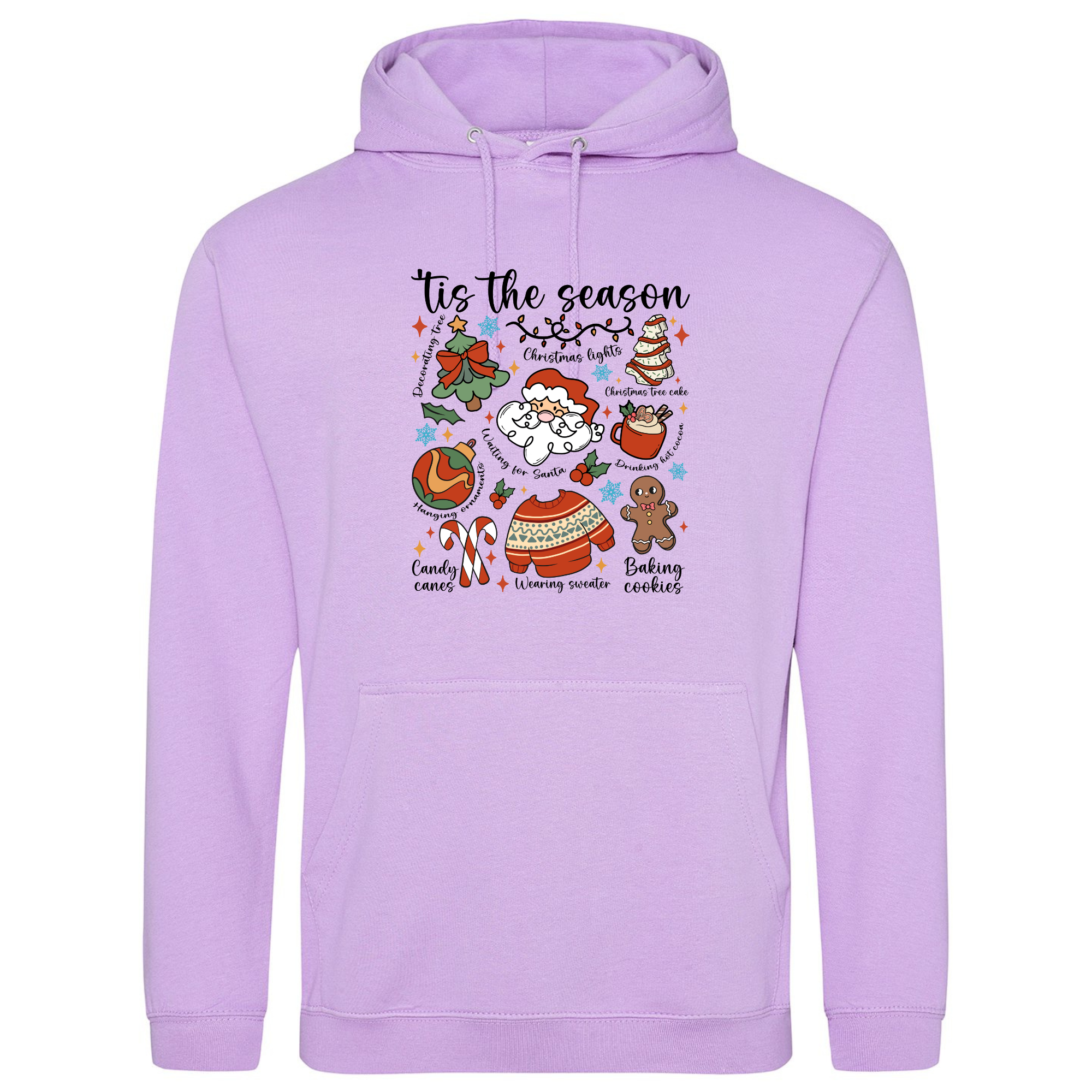Tis the Season Cartoon Christmas Hoodie in Lavender with Santa and doodles.