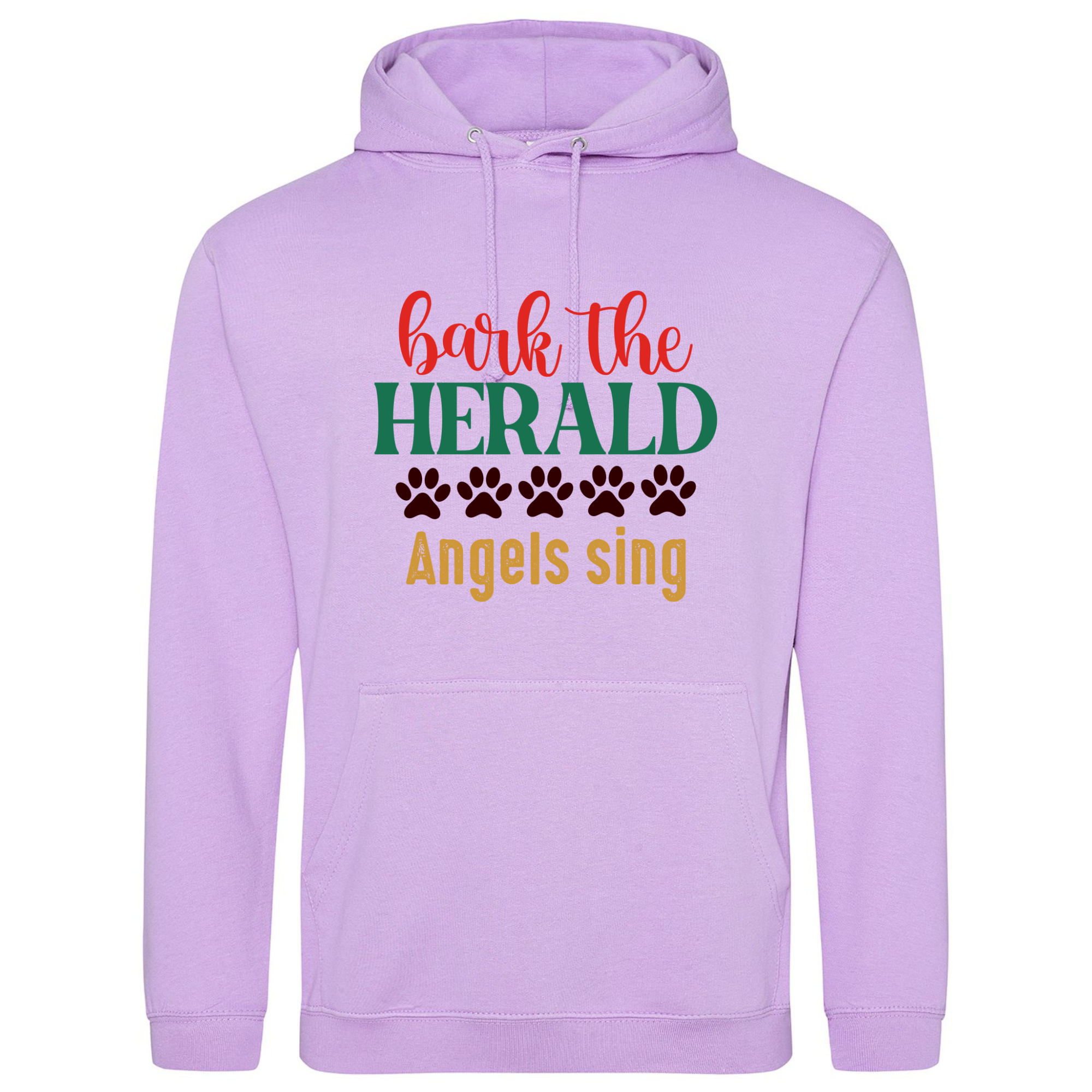 Lavender hoodie featuring the “Bark the Herald Angels Sing” design in Christmas colours.