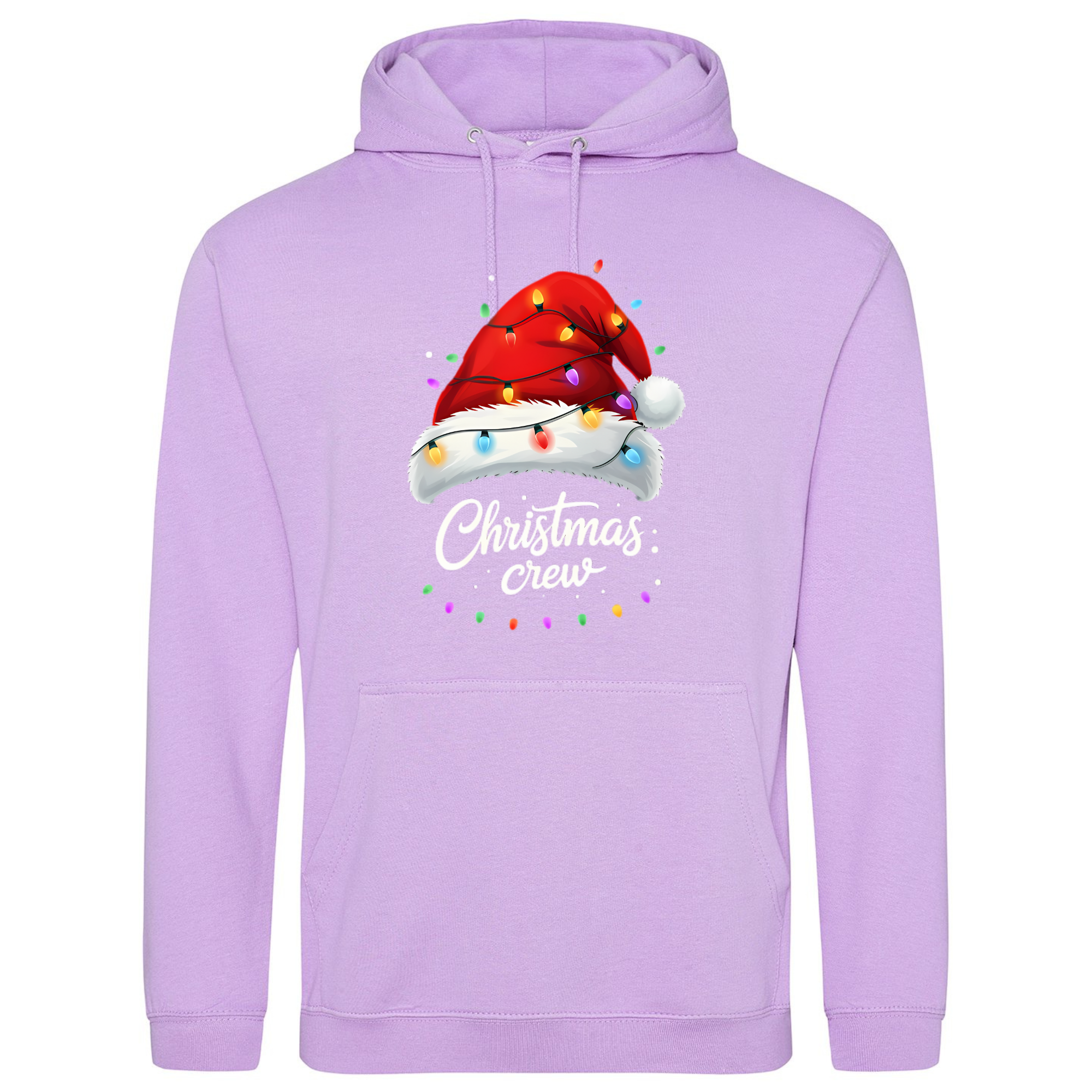 Lavender purple hoodie with Christmas Crew Santa hat and fairy light design.