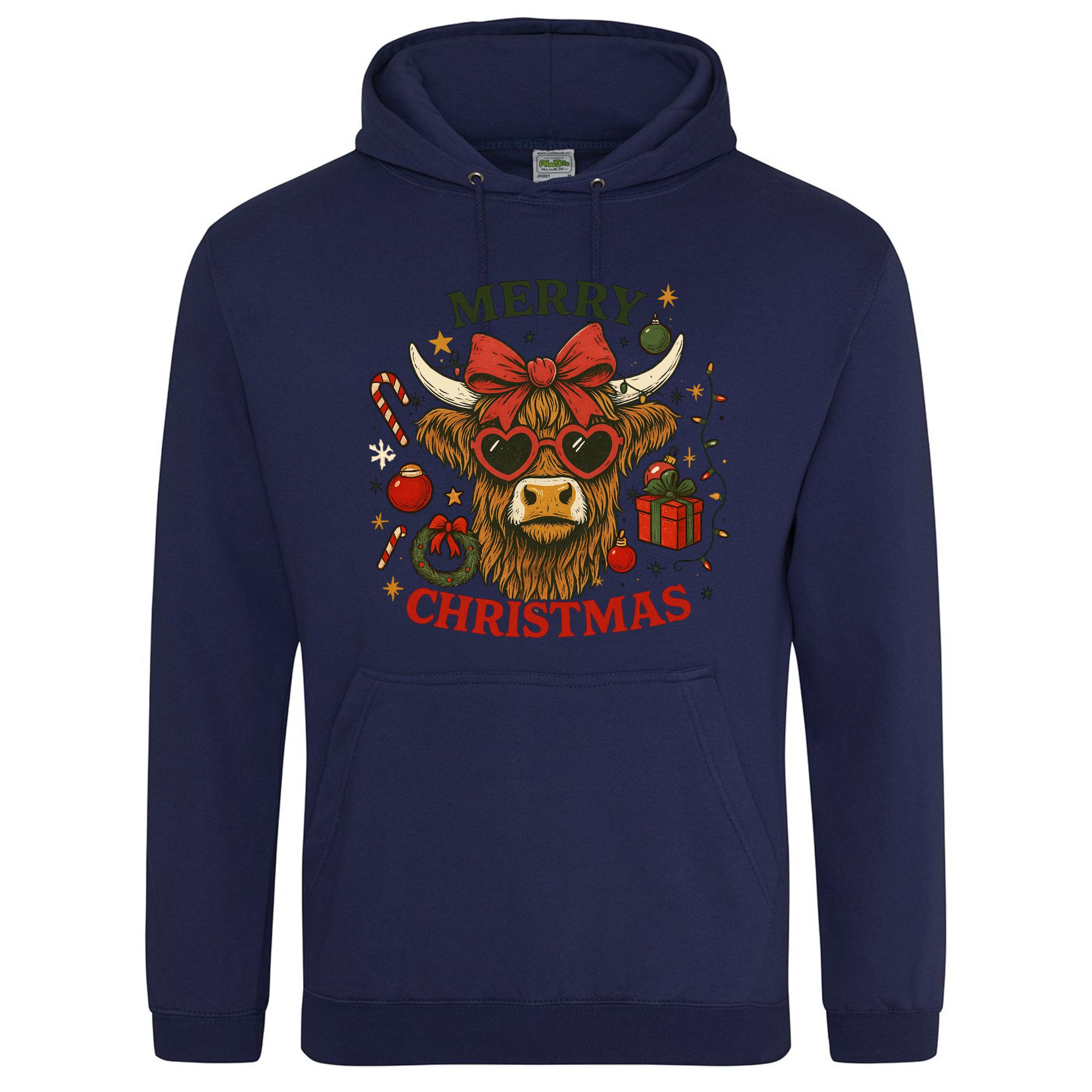 Merry Christmas Highland Cow Hoodie in Oxford Navy