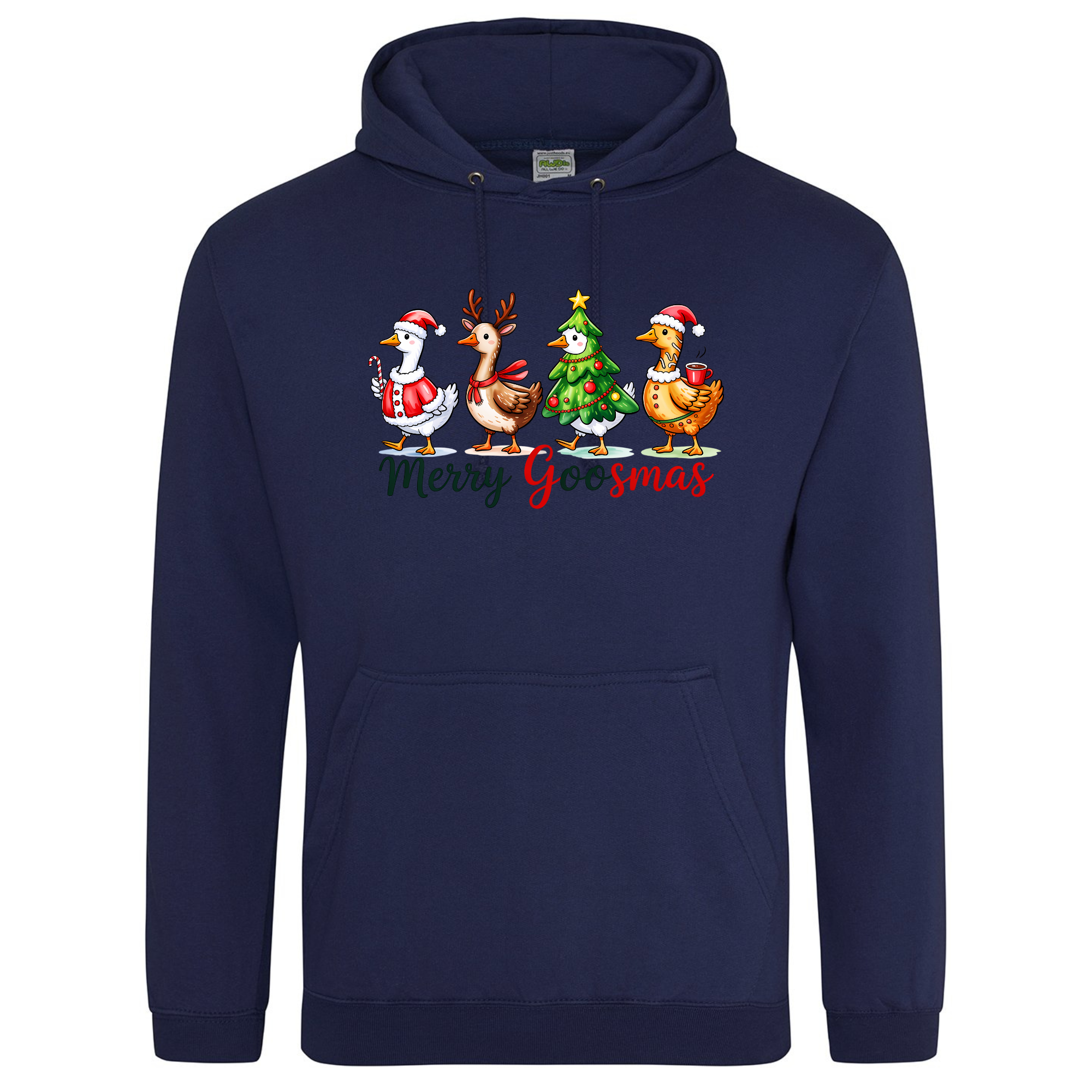 Merry Goosmas Hoodie in Oxford Navy with Christmas goose design.