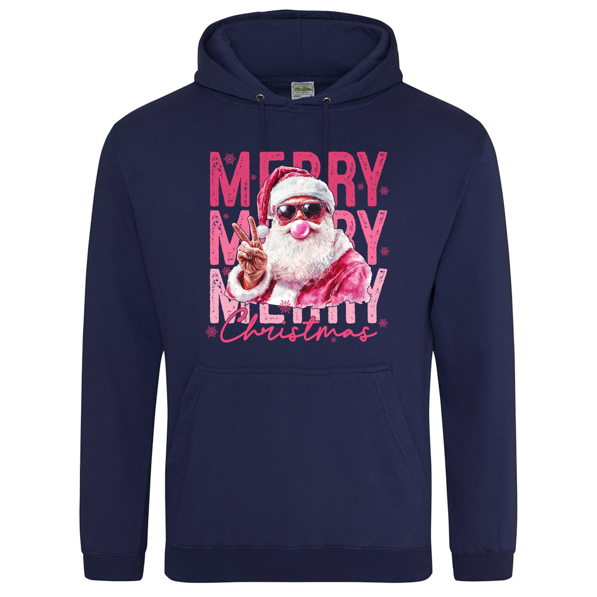 Pink Santa Merry Christmas Hoodie in Oxford Navy with festive bubblegum Santa.