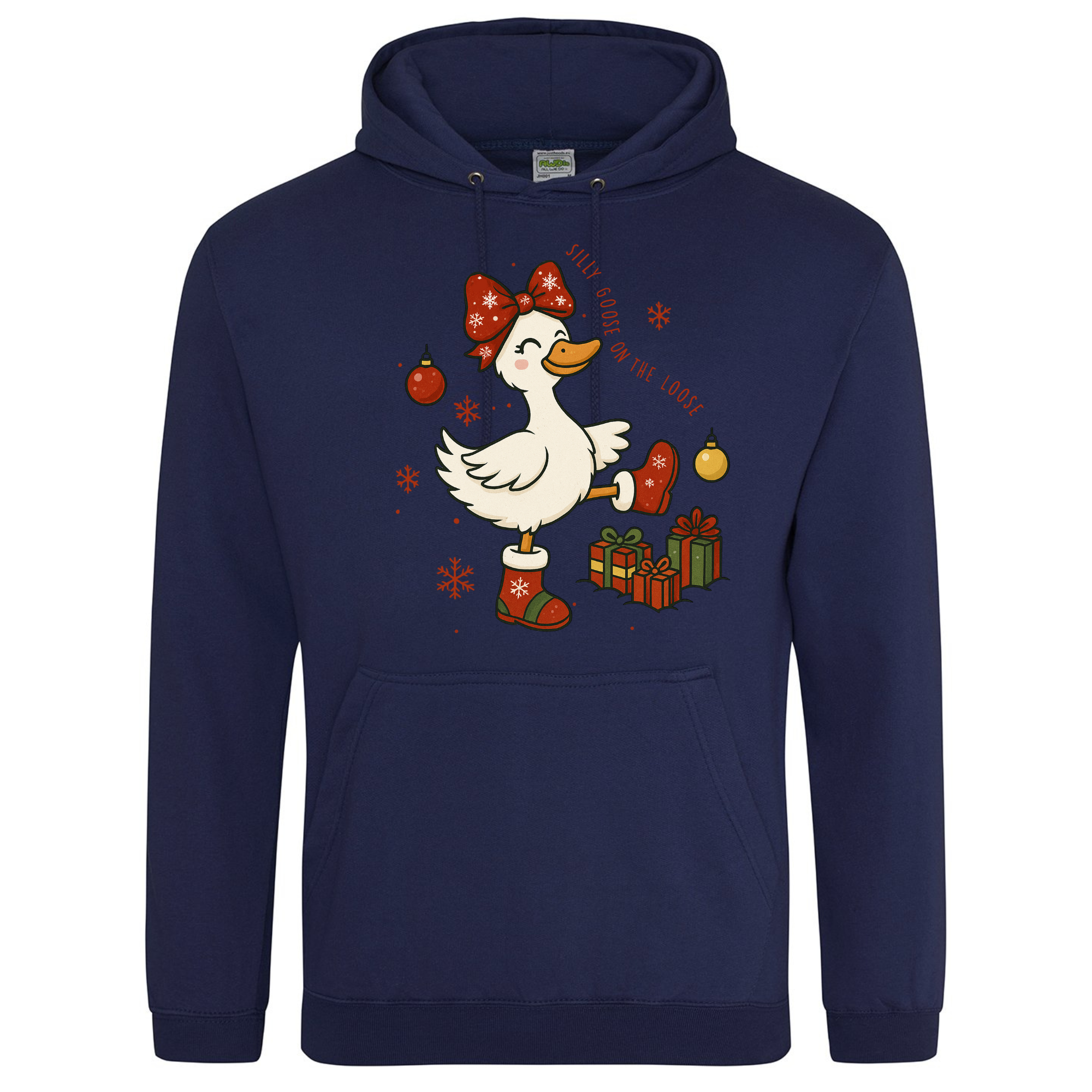 Oxford Navy Silly Goose on the Loose Christmas Hoodie with festive goose illustration.