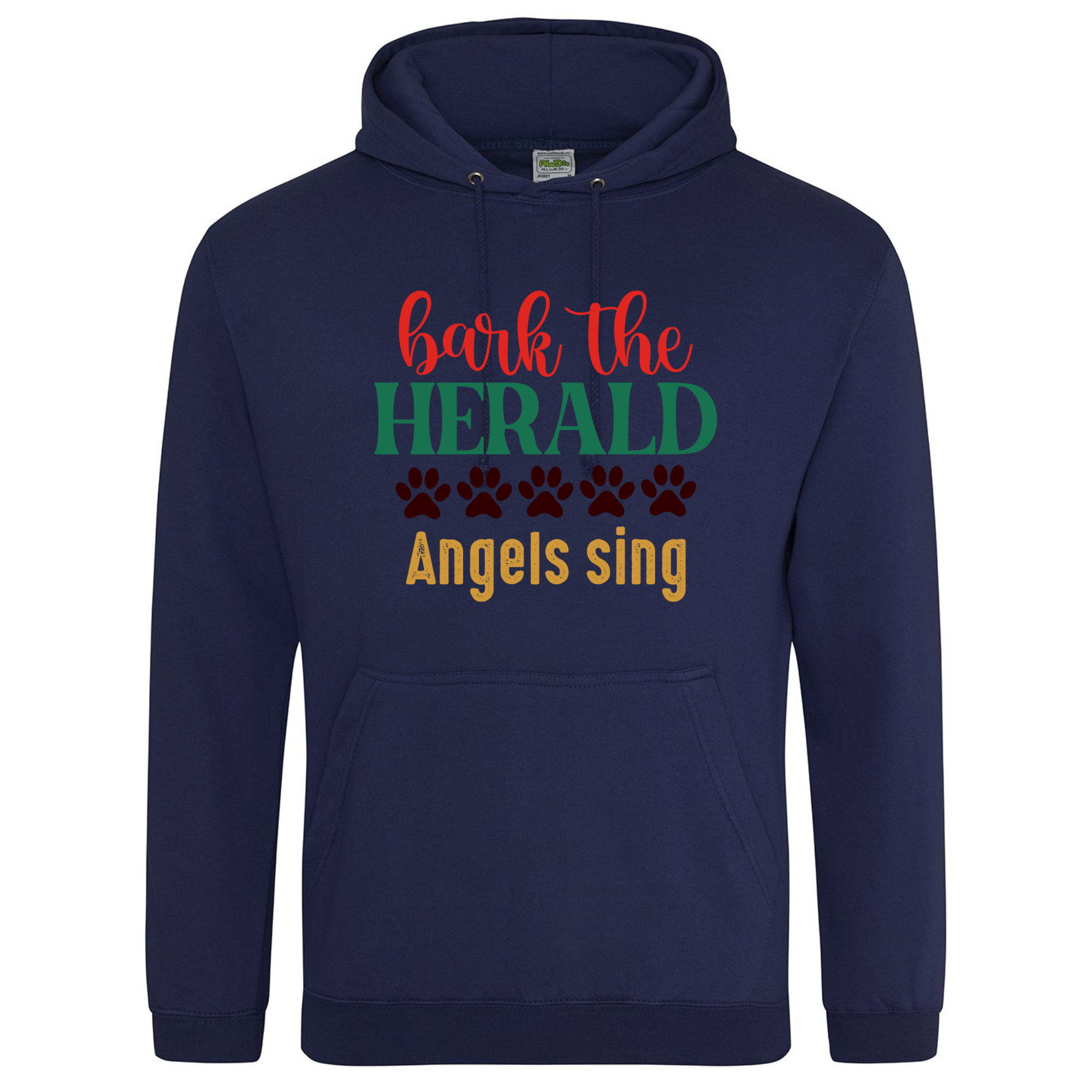 Navy blue hoodie featuring the “Bark the Herald Angels Sing” design with festive paw prints.