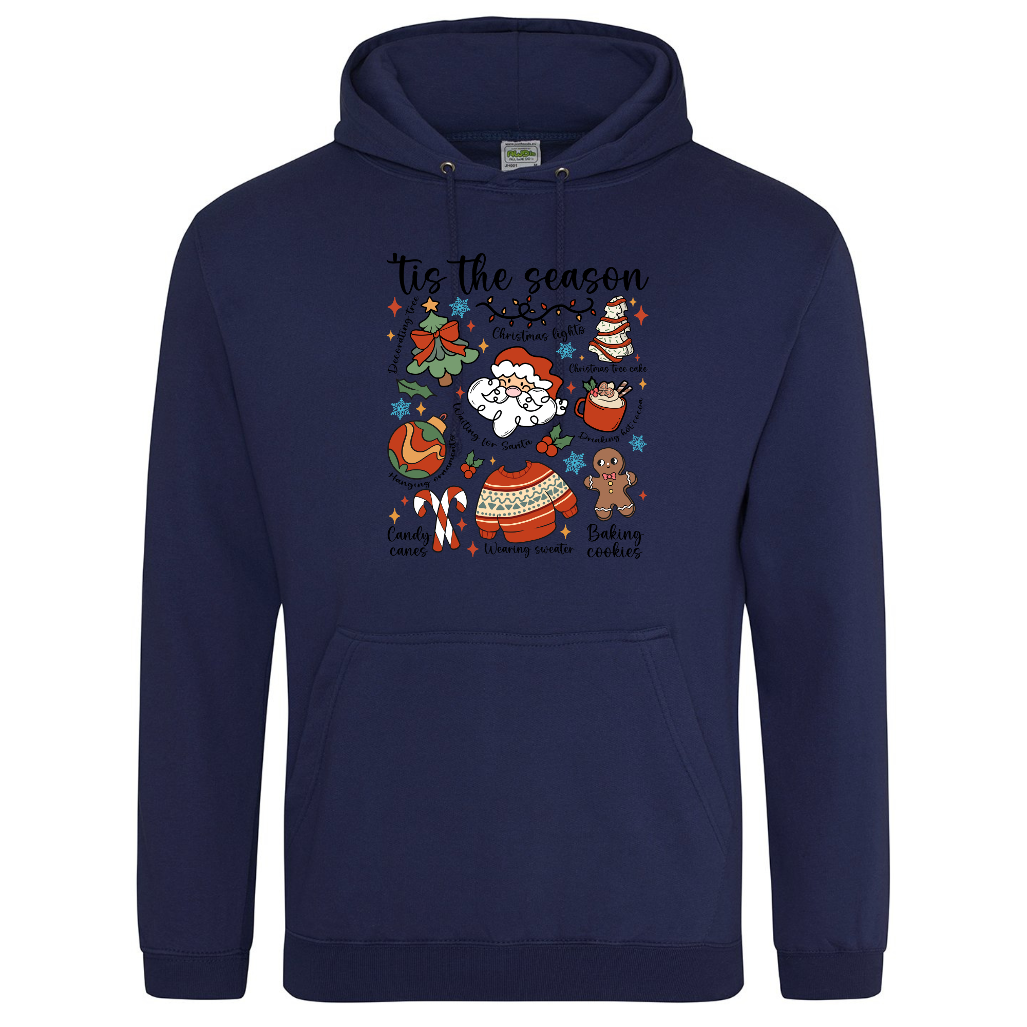 Tis the Season Cartoon Christmas Hoodie in Oxford Navy with festive design.
