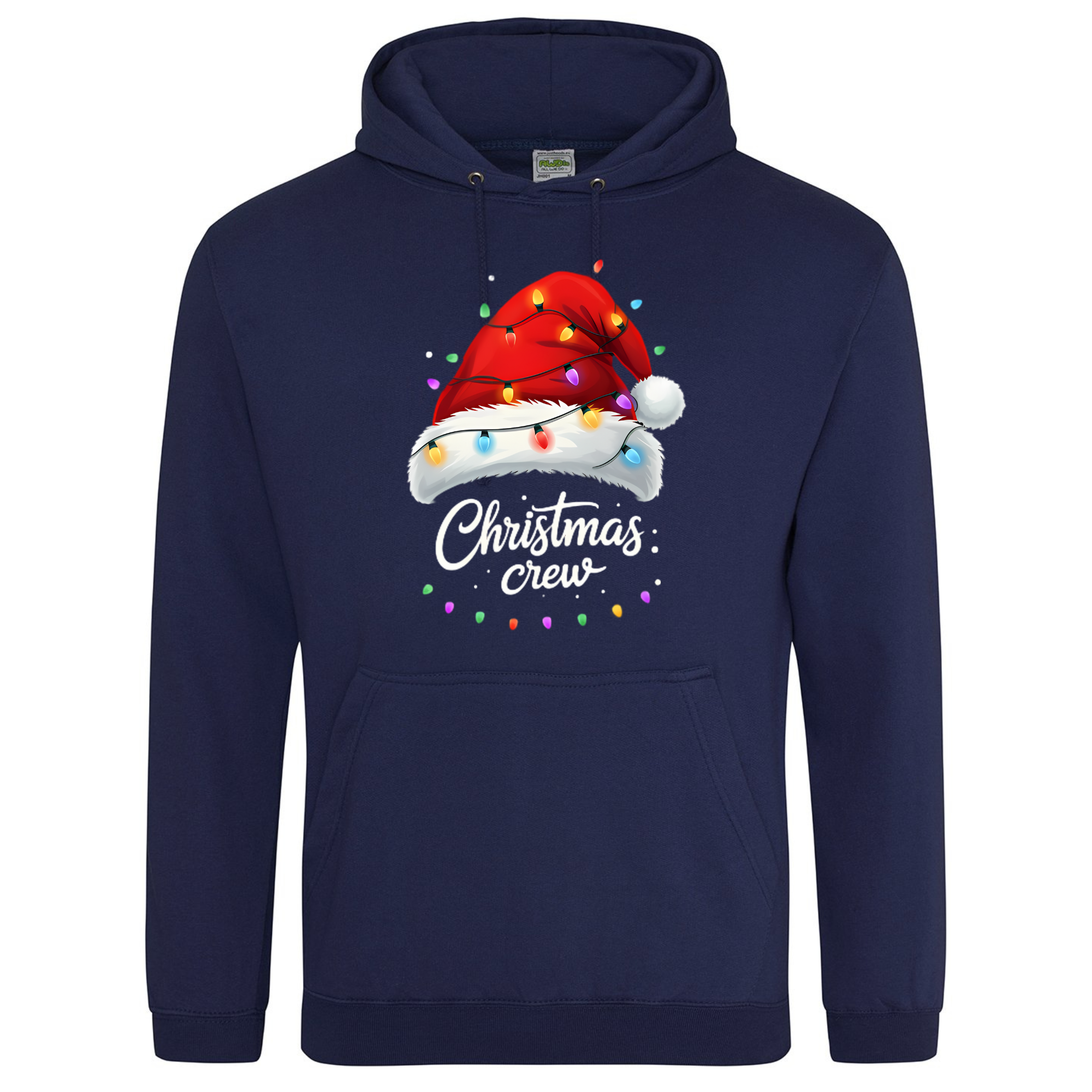 Navy blue hoodie with Christmas Crew design featuring Santa hat and fairy lights.