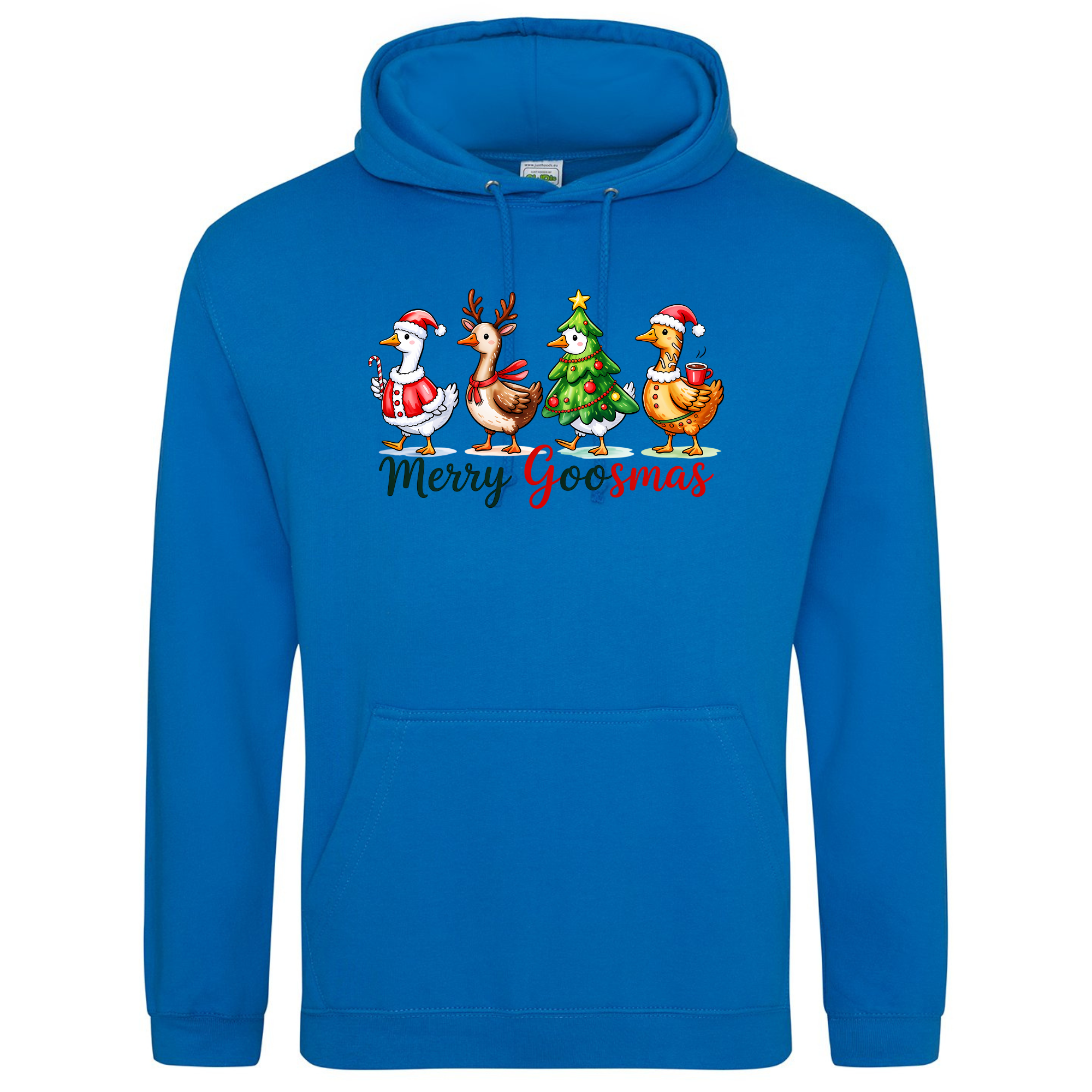 Merry Goosmas Hoodie in Royal Blue with festive goose artwork.