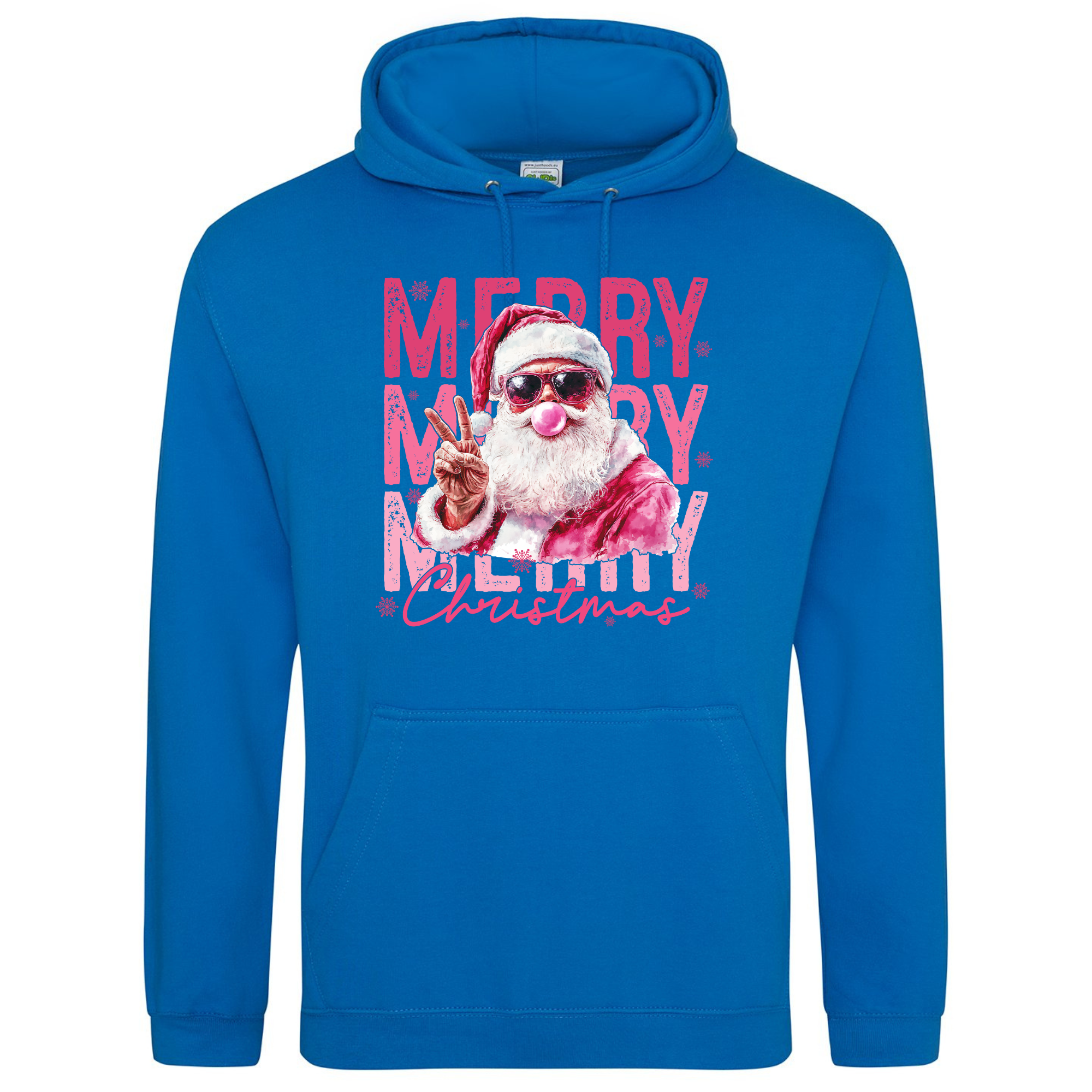 Pink Santa Merry Christmas Hoodie in Royal Blue with festive Santa design.
