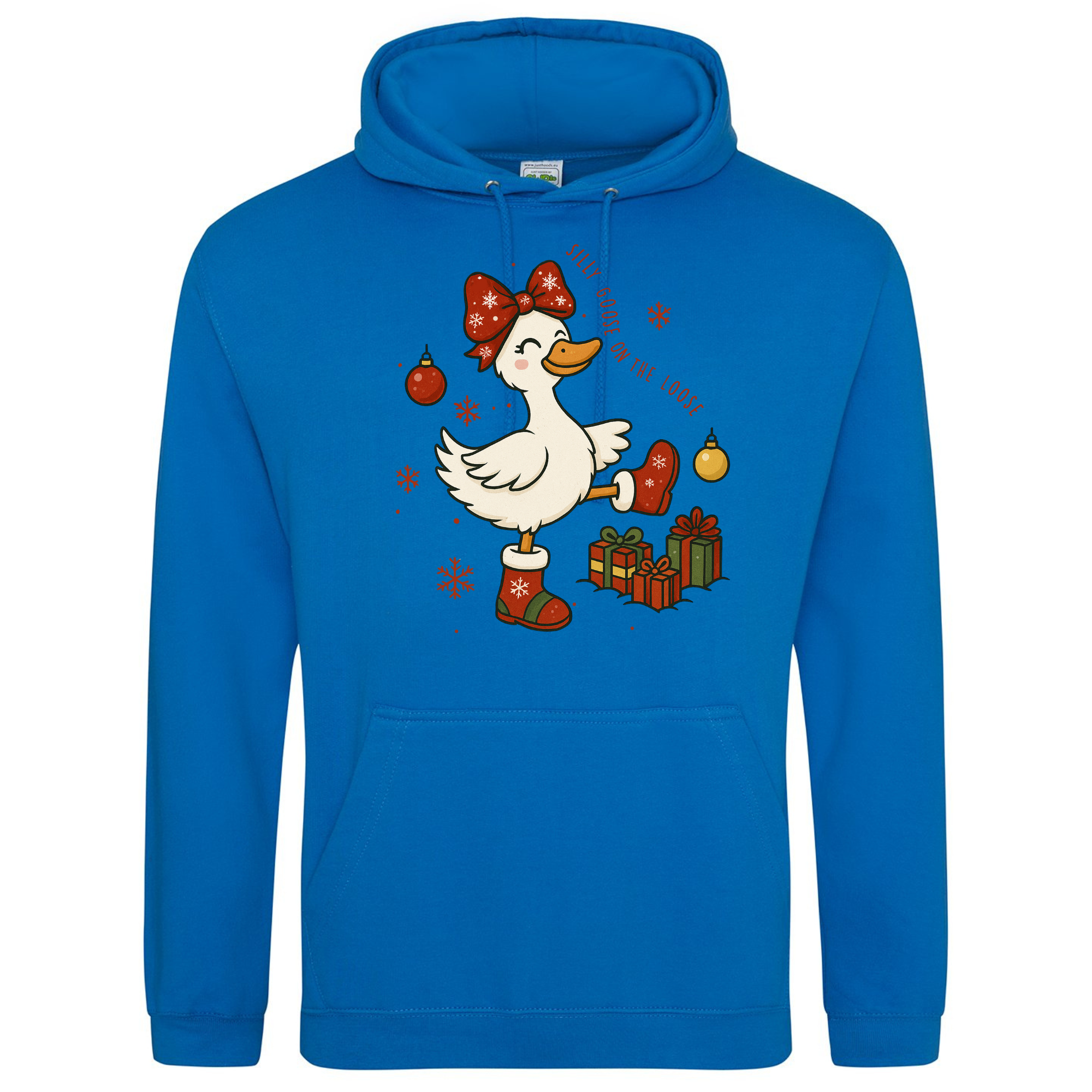 Silly Goose on the Loose Christmas Hoodie in Royal Blue with festive design.
