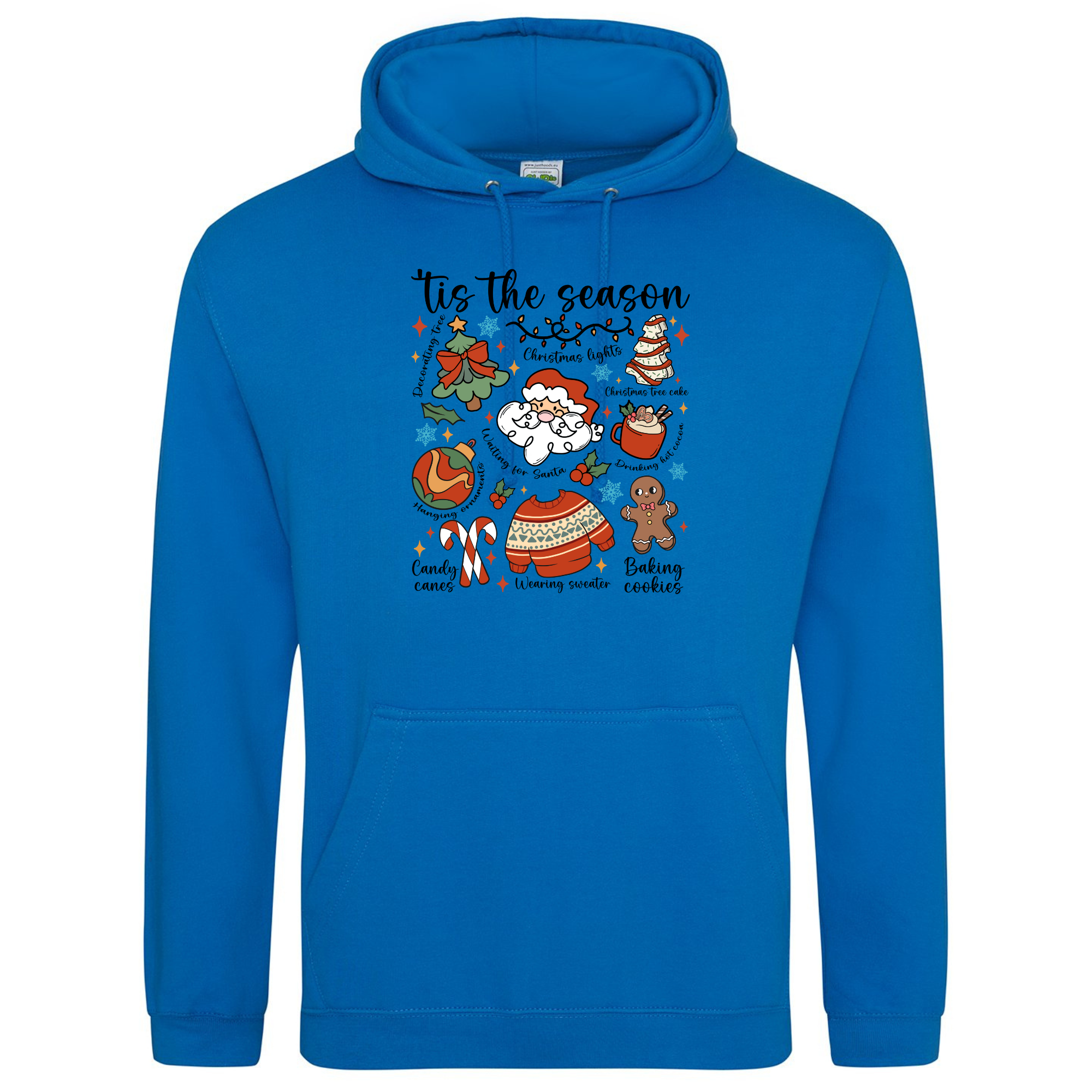 Tis the Season Cartoon Christmas Hoodie in Royal Blue featuring Santa print.