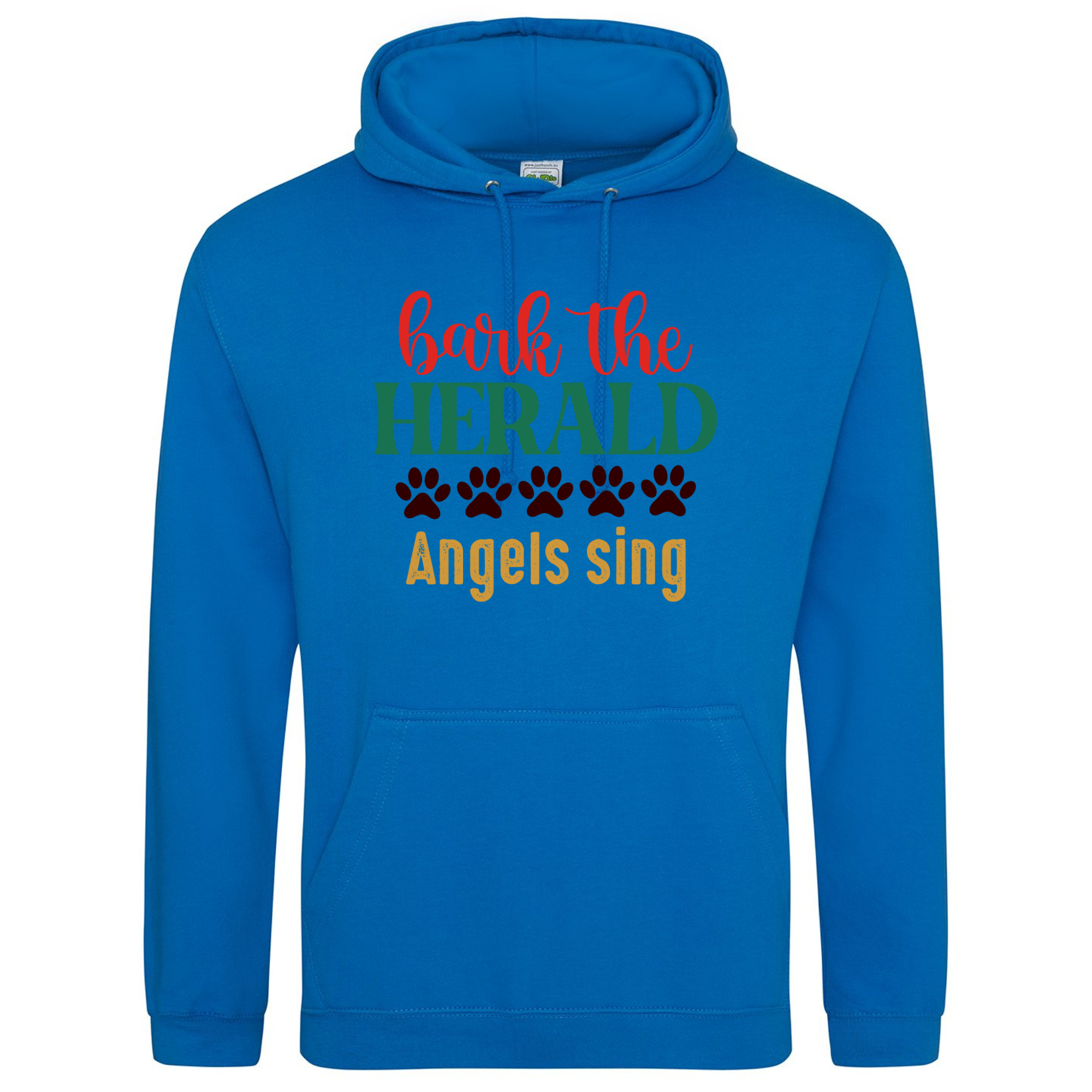 Royal blue hoodie with “Bark the Herald Angels Sing” design in red, green, and gold lettering.