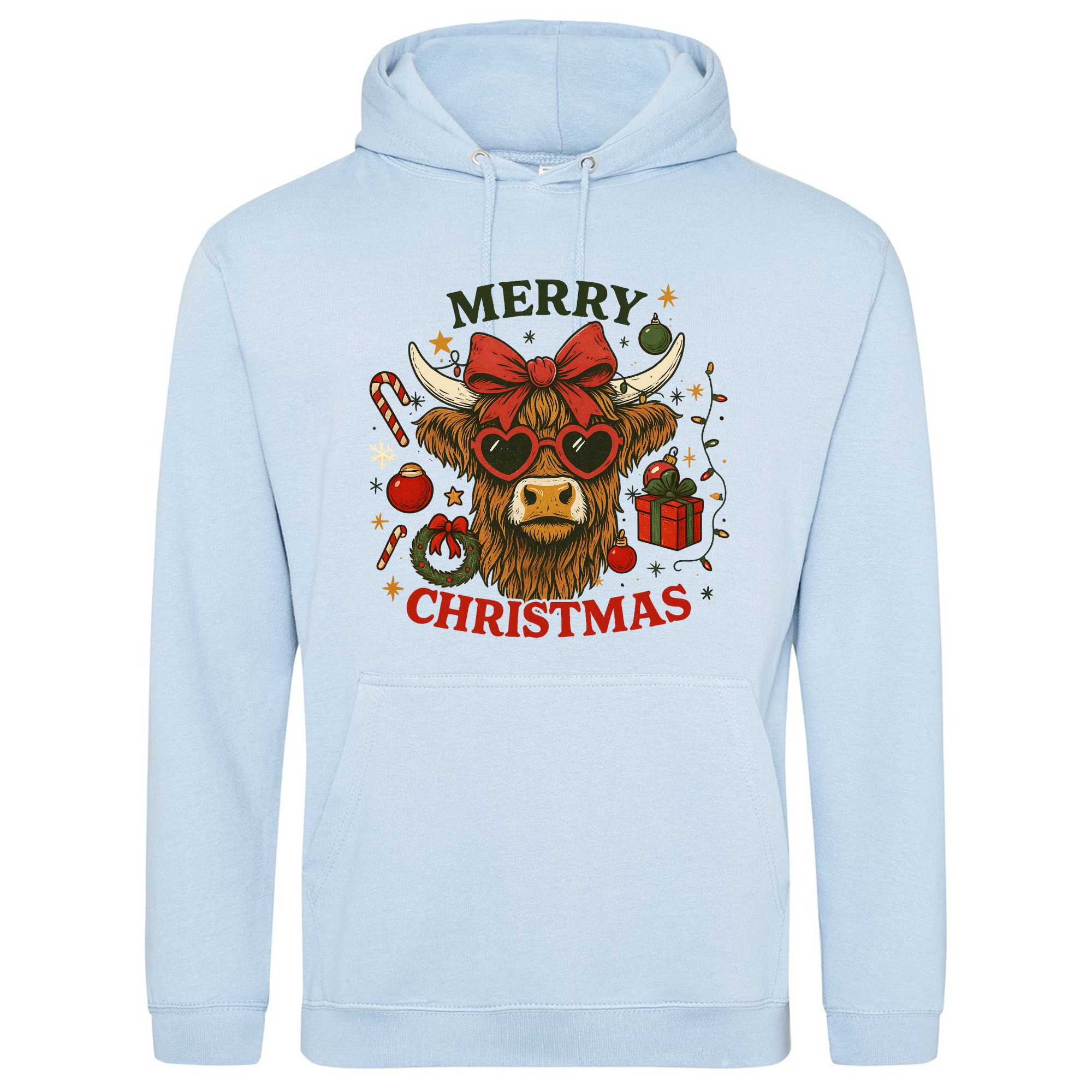 Merry Christmas Highland Cow Hoodie in Sky Blue