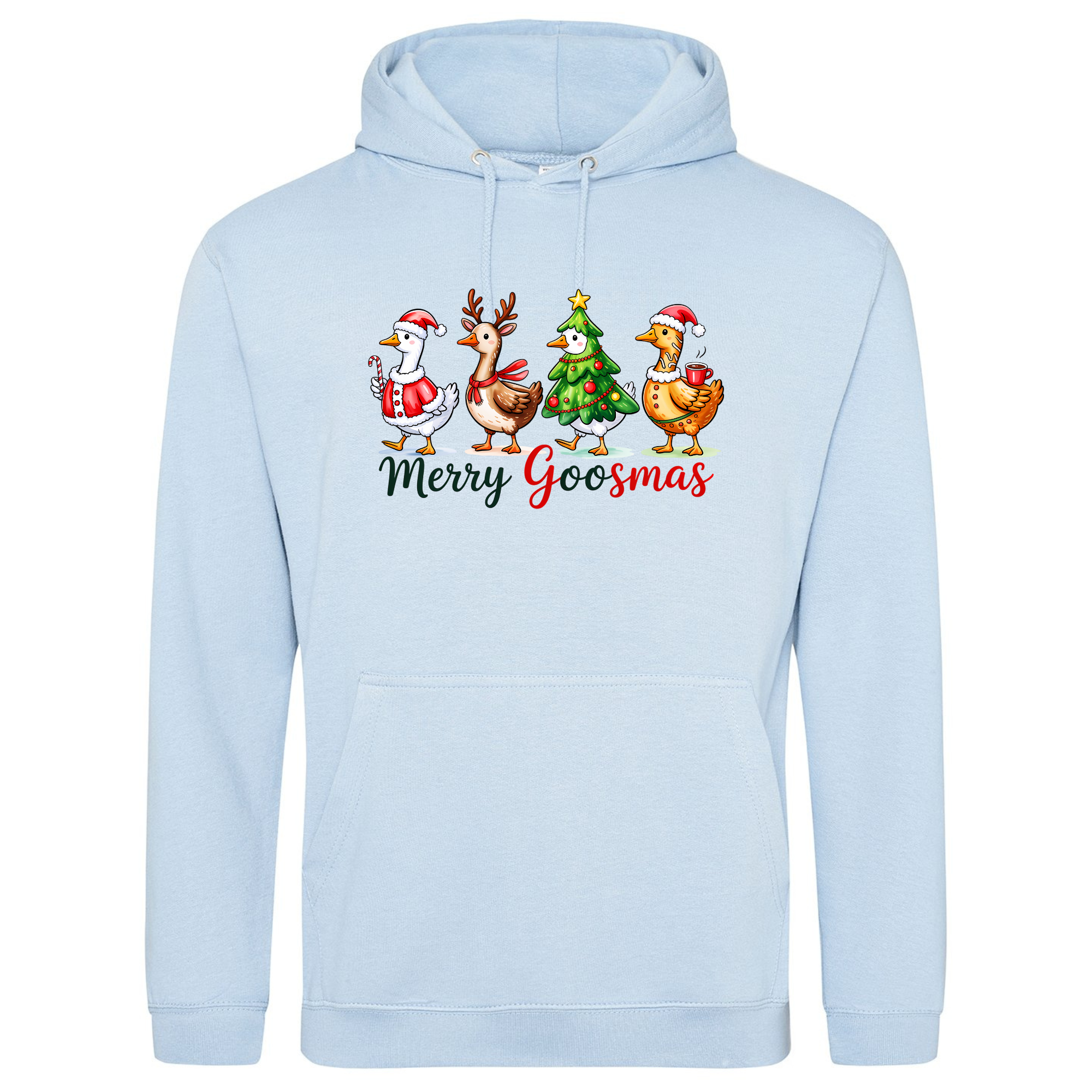 Merry Goosmas Hoodie in Sky Blue featuring Christmas goose illustration.
