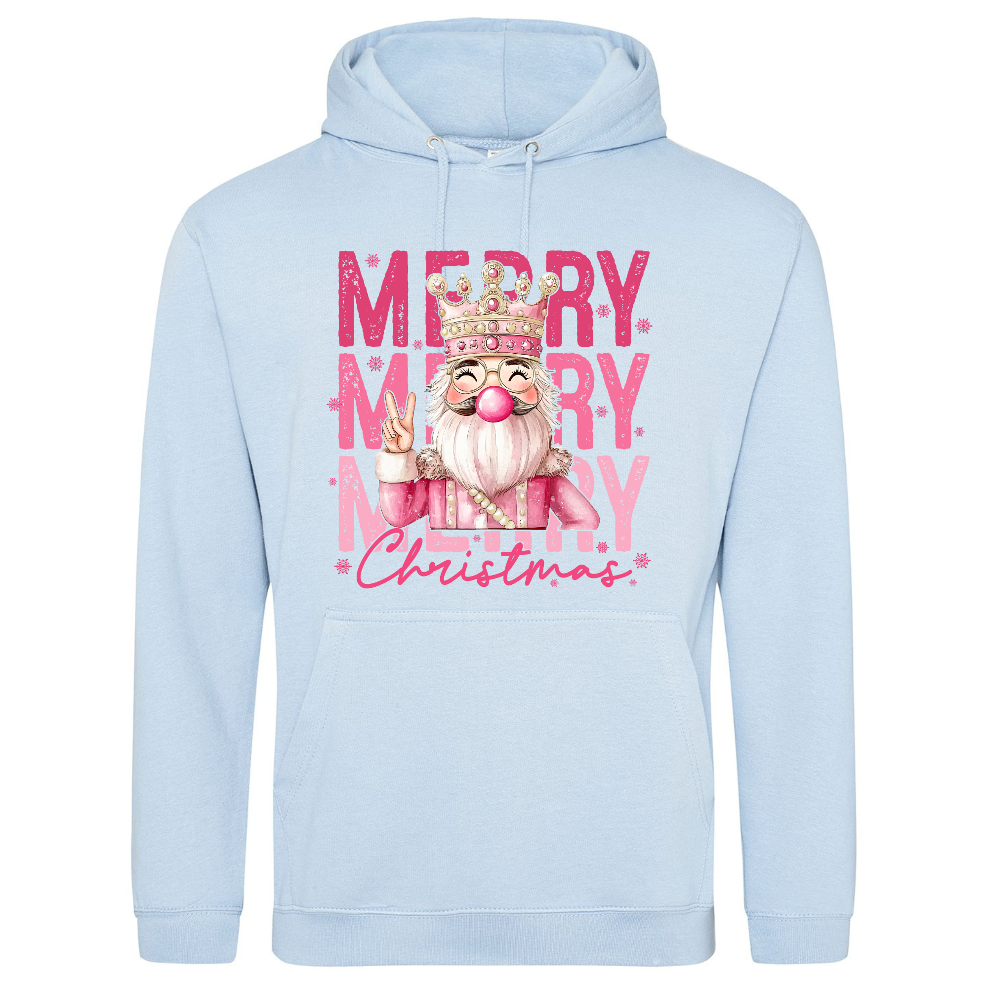 Pink Nutcracker Hoodie in Sky Blue – light blue hoodie with pink Nutcracker print.