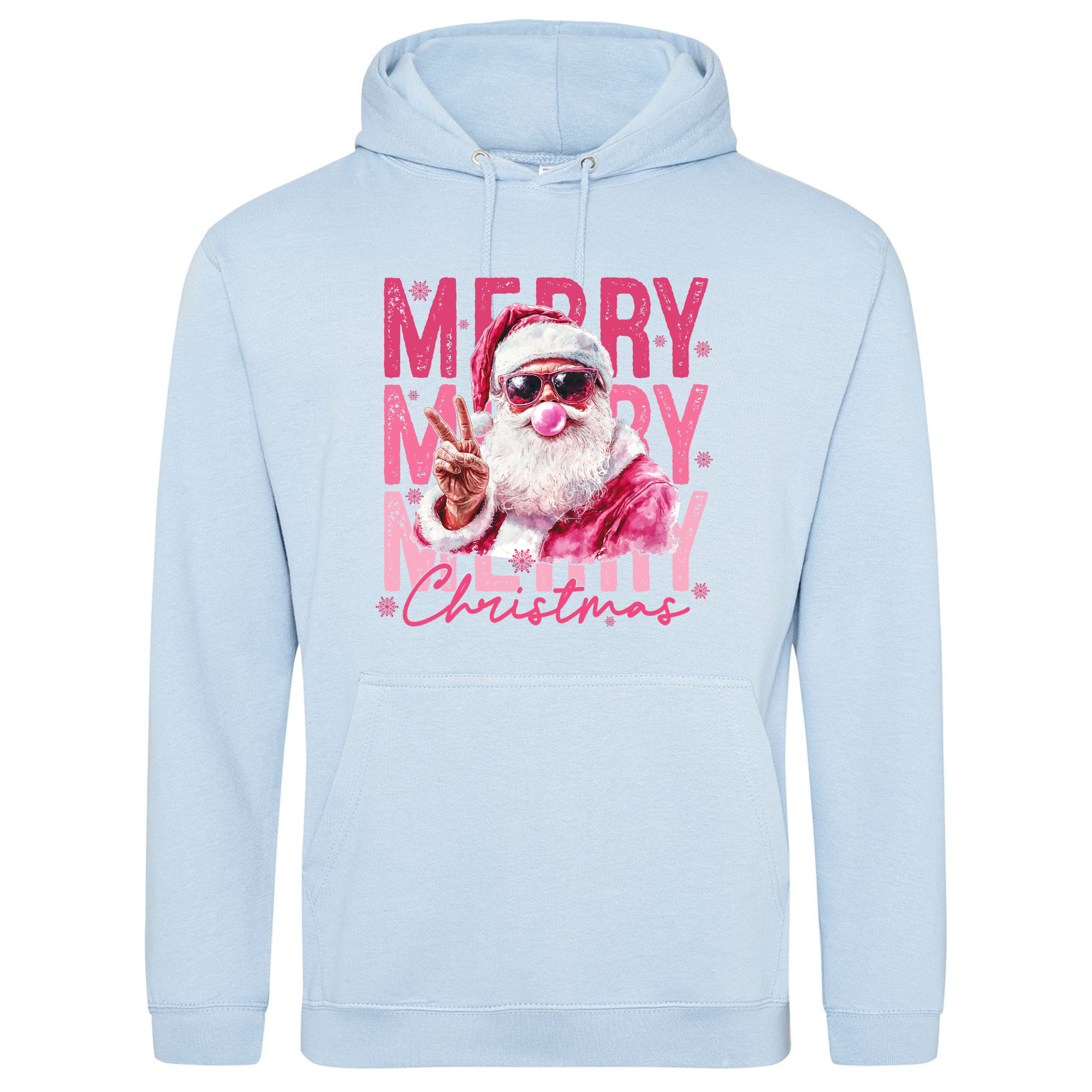 Pink Santa Merry Christmas Hoodie in Sky Blue with cute Santa design.