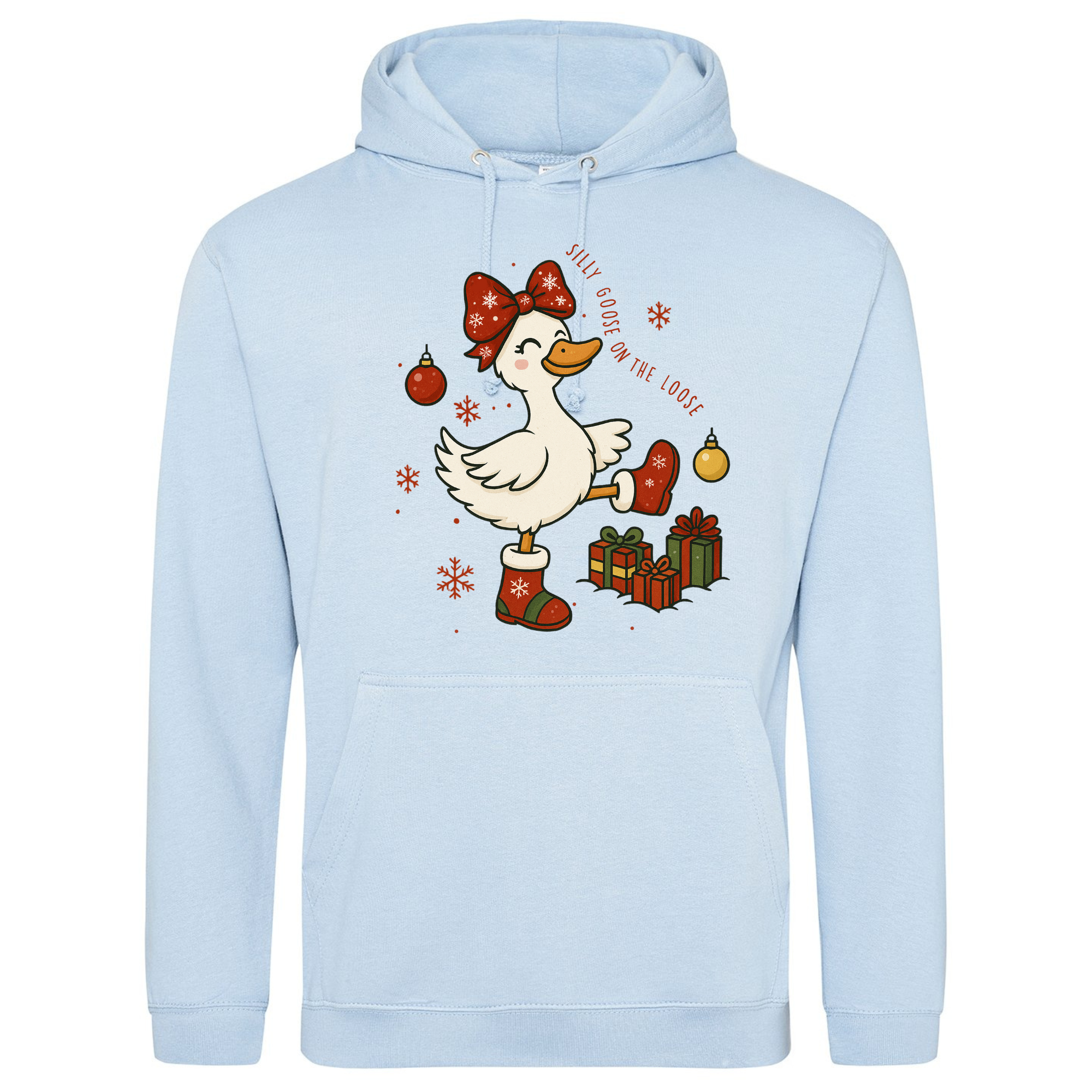 Sky Blue Silly Goose on the Loose Christmas Hoodie with festive goose illustration.