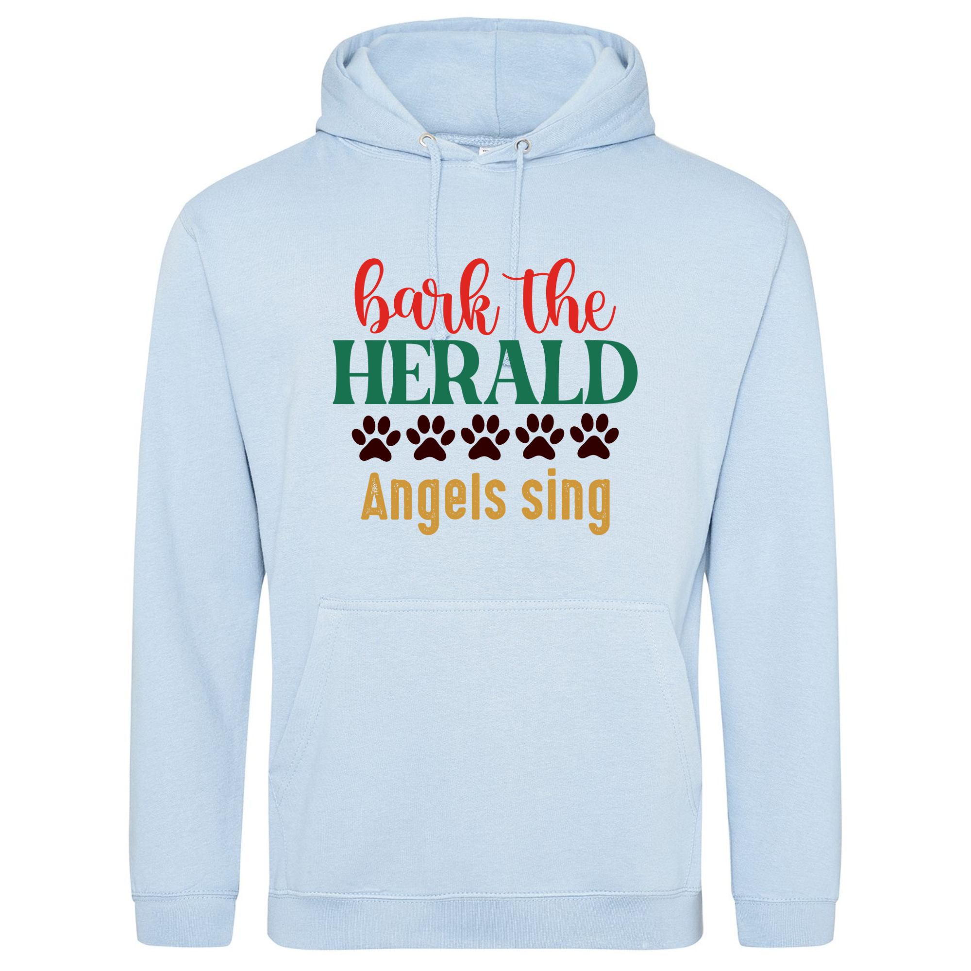 Sky blue hoodie featuring the “Bark the Herald Angels Sing” design in red, green, and gold with paw prints.