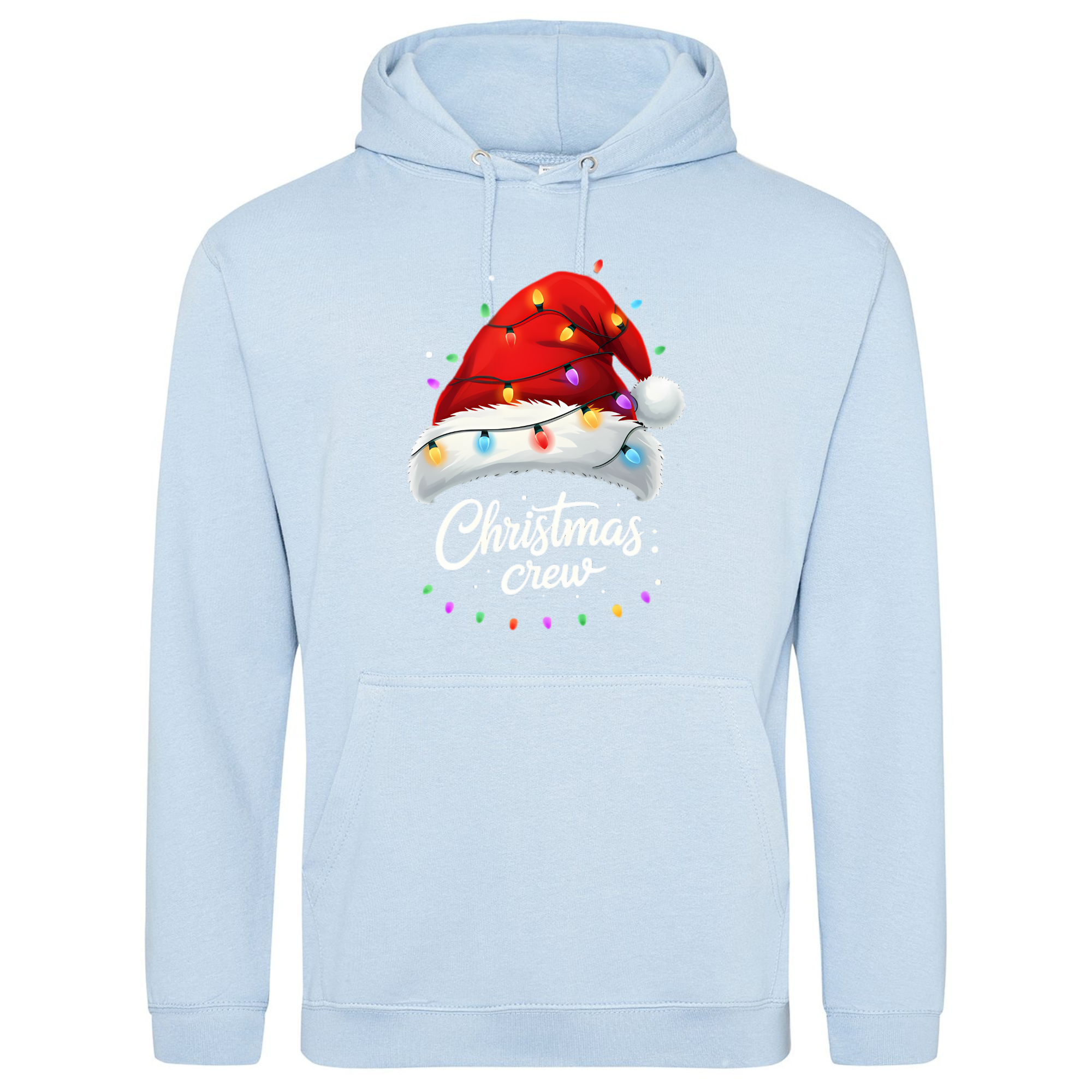 Light blue hoodie with Christmas Crew Santa hat and fairy light design.