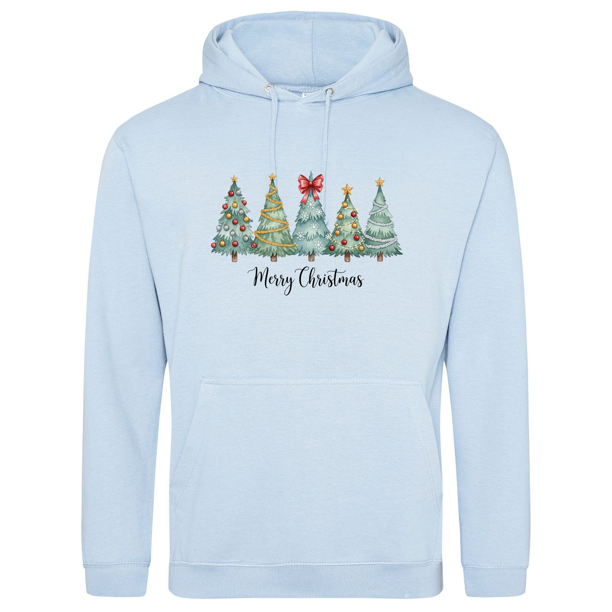 Christmas Trees Hoodie in Sky Blue with festive illustration