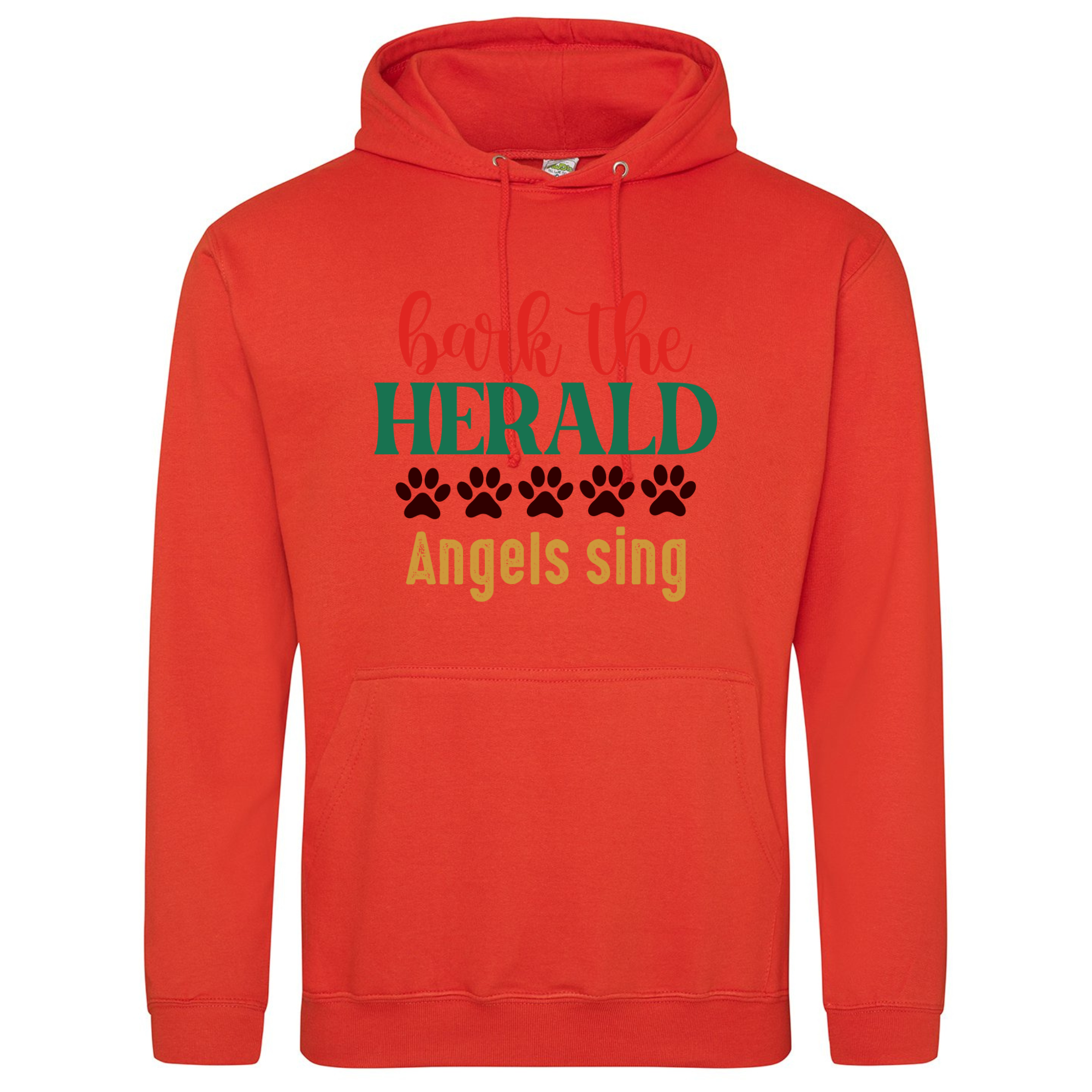 Orange hoodie printed with the “Bark the Herald Angels Sing” festive paw print design.