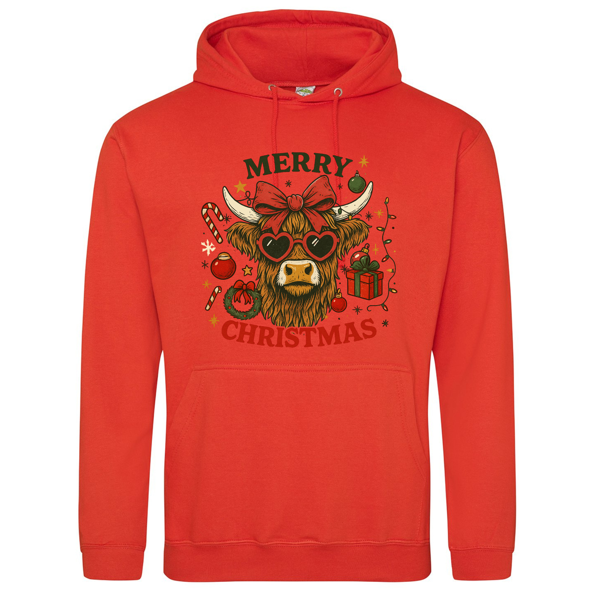 Merry Christmas Highland Cow Hoodie in Orange Crush