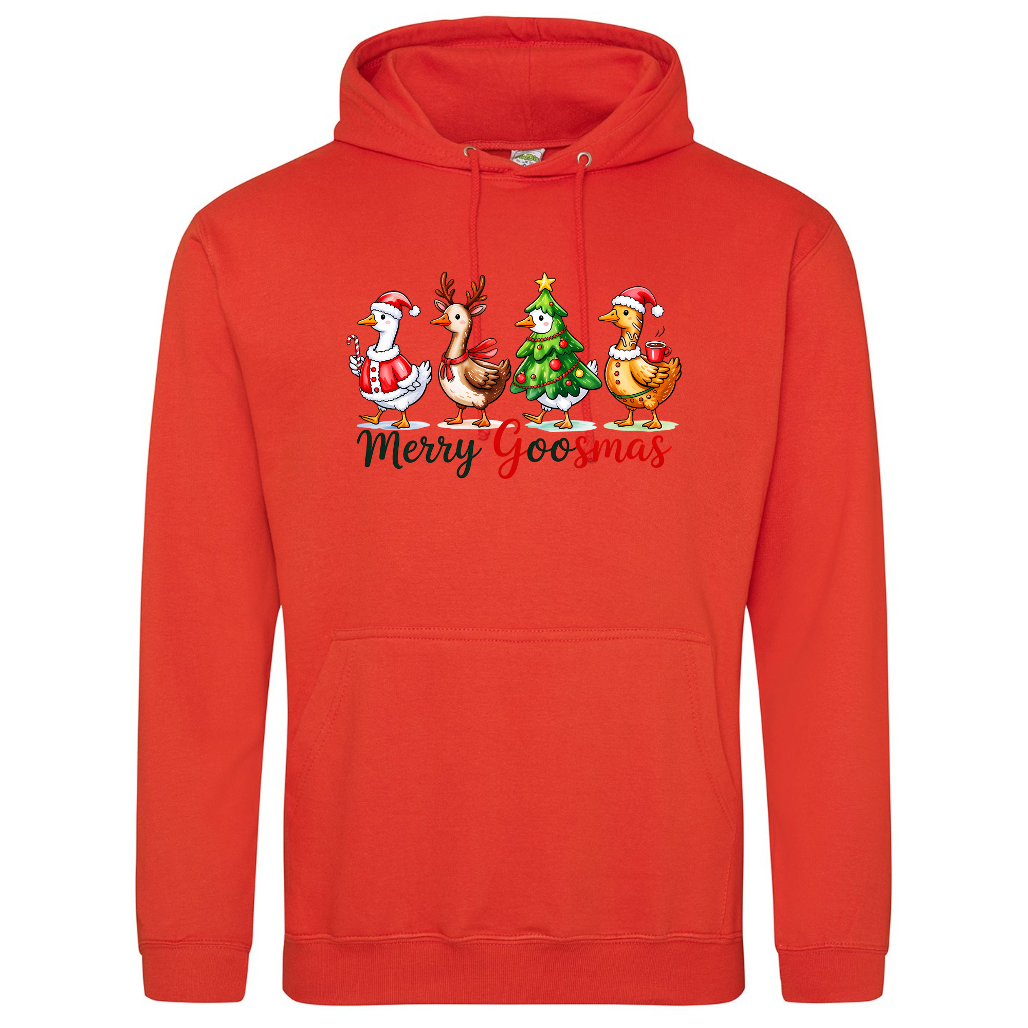 Merry Goosmas Hoodie in Orange Crush with festive geese illustration.