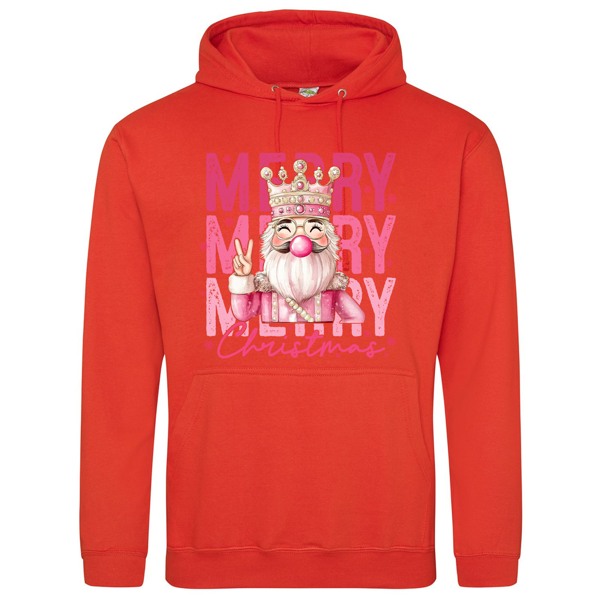 Pink Nutcracker Hoodie in Orange Crush – bold orange hoodie with pink Nutcracker print.