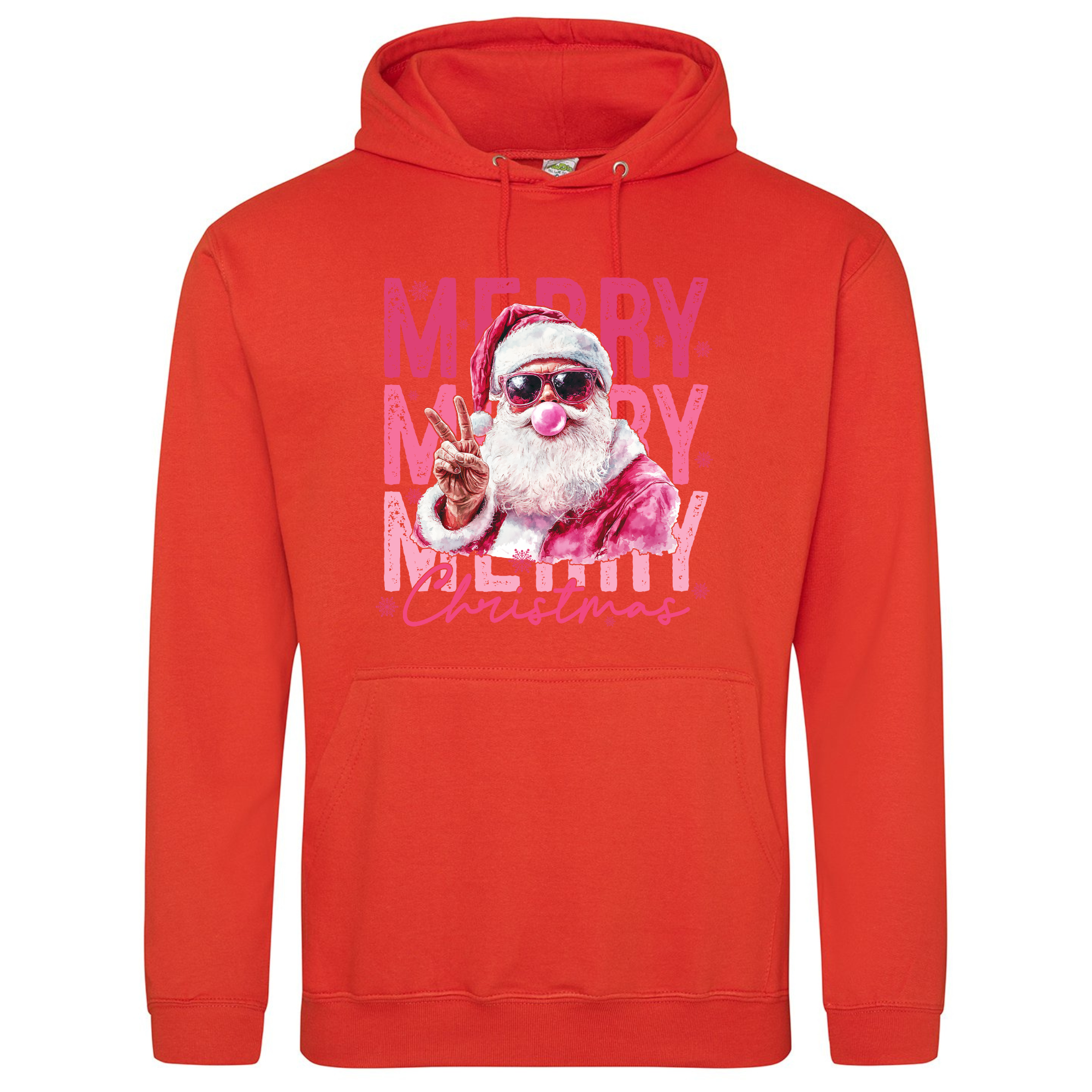 Pink Santa Merry Christmas Hoodie in Orange Crush with bold Christmas print.