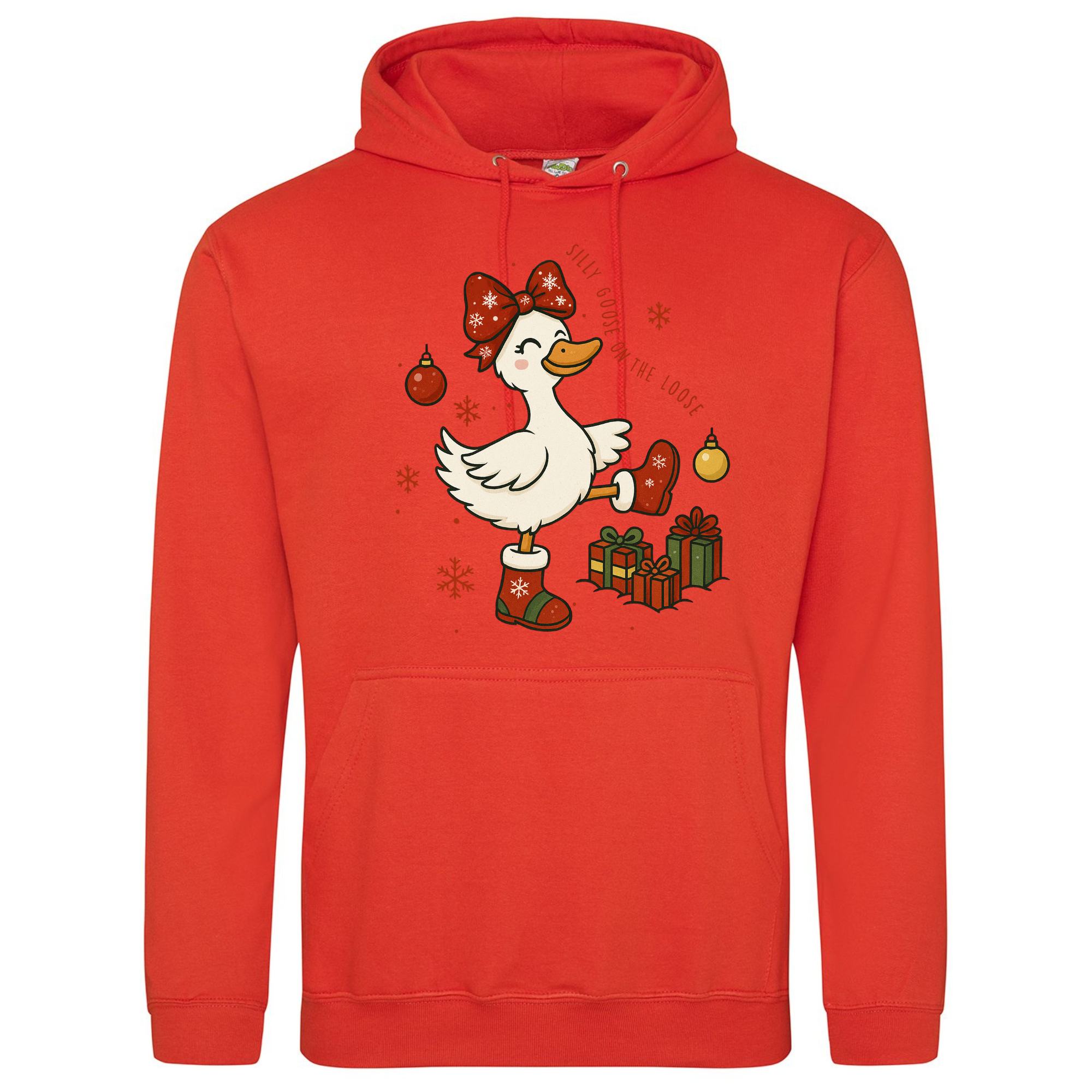 Silly Goose on the Loose Christmas Hoodie in Orange Crush with goose and gift print.