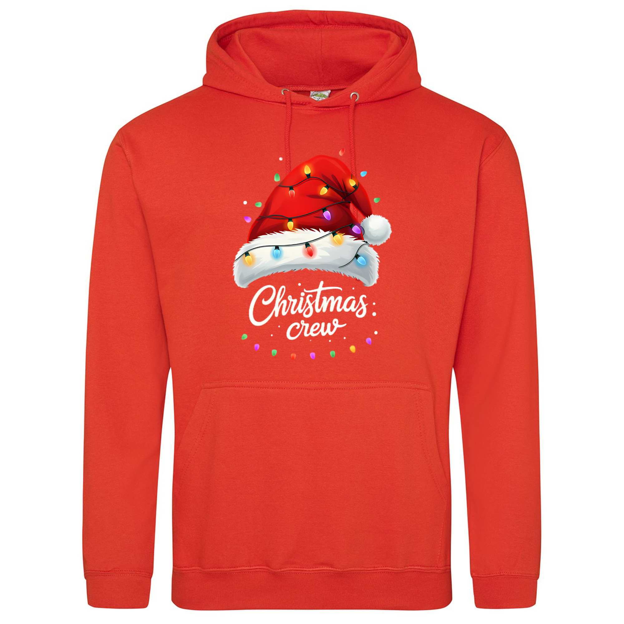 Bright orange hoodie with Christmas Crew Santa hat and festive lights design.