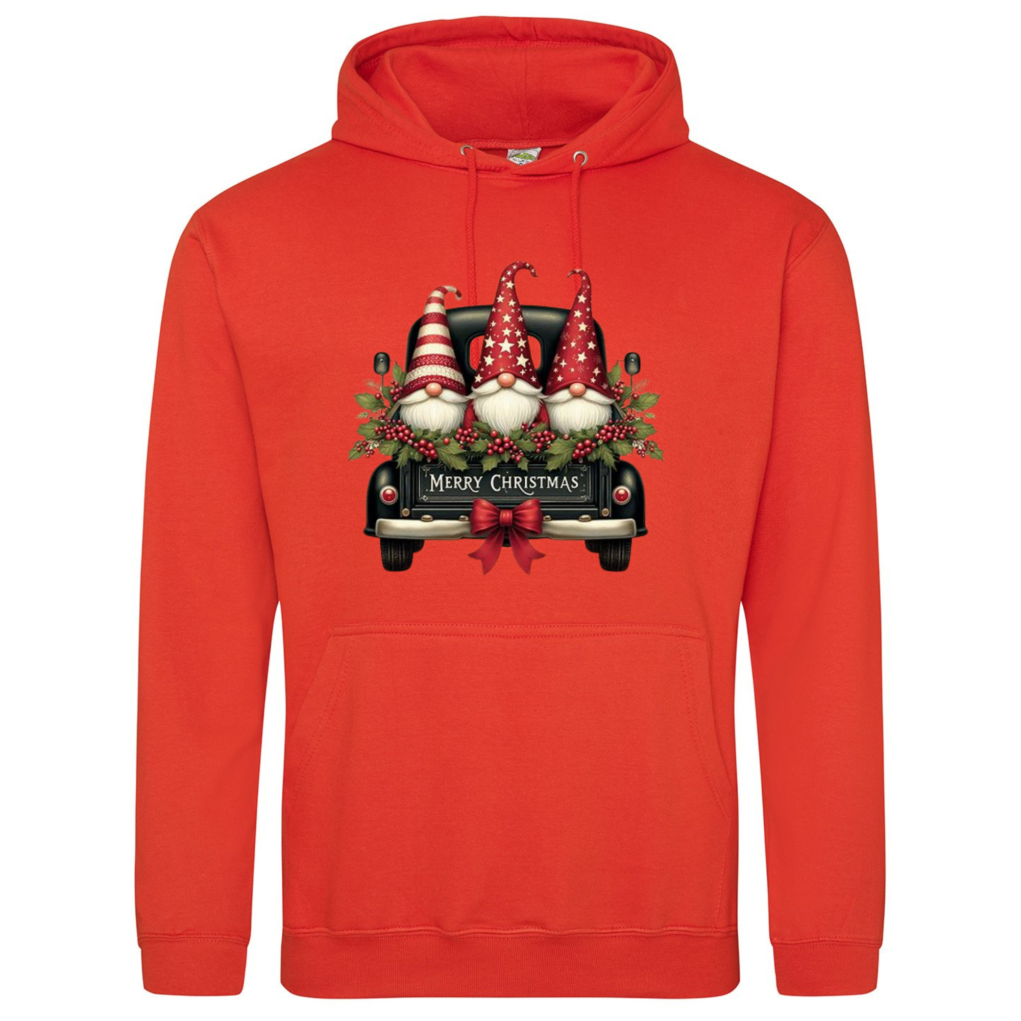 Christmas Gonks Hoodie in Orange Crush with gonk trio and Merry Christmas text.