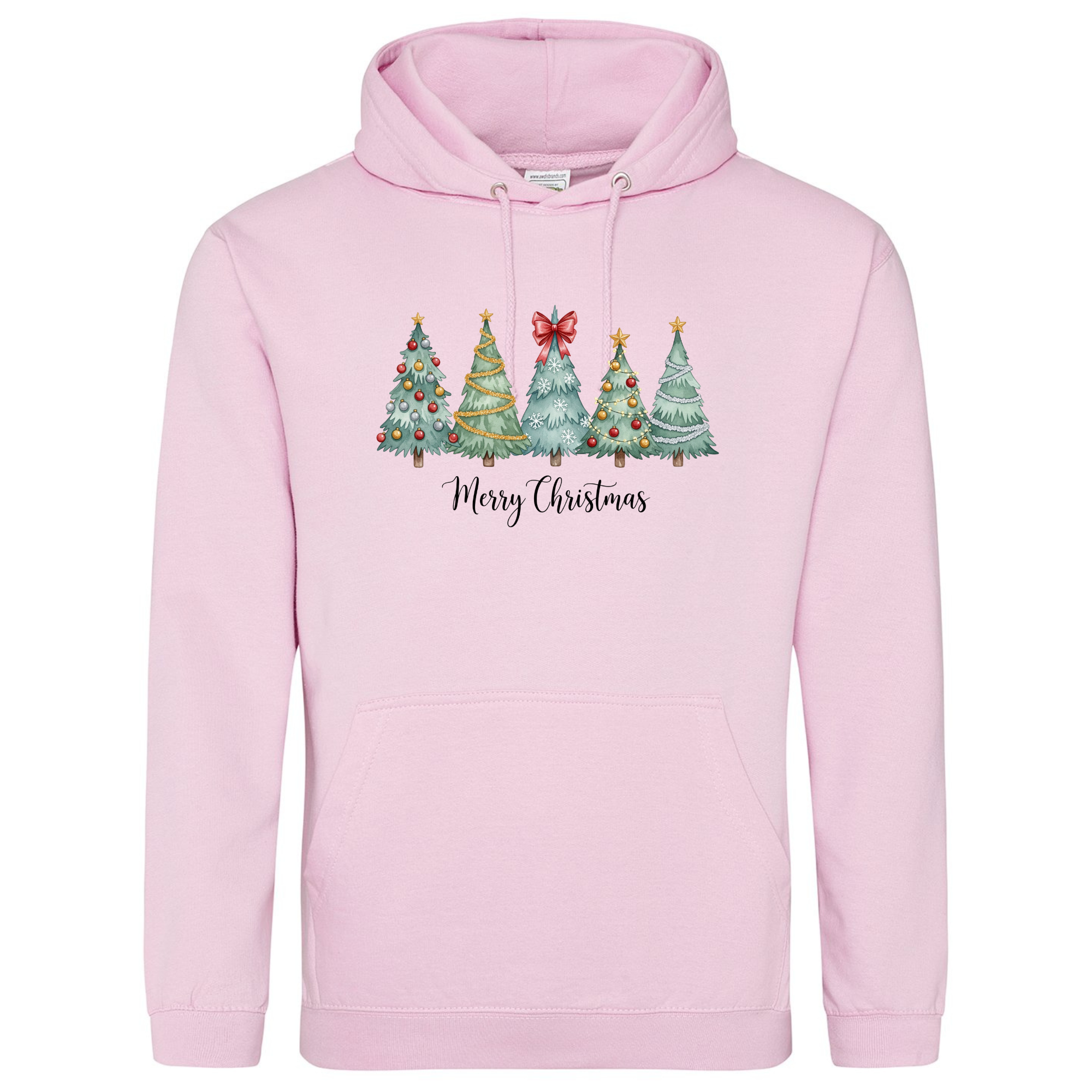 Christmas Trees Hoodie in Baby Pink with festive tree design and “Merry Christmas” text