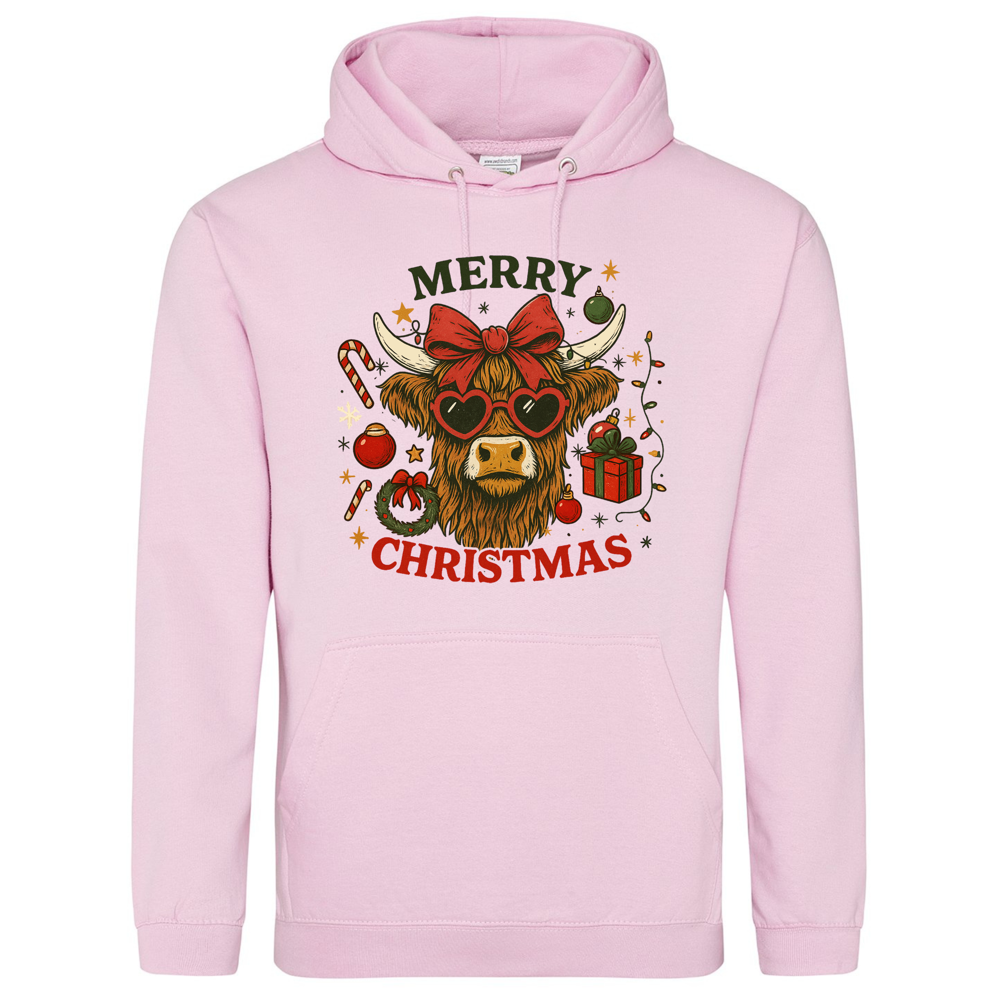 Merry Christmas Highland Cow Hoodie in Baby Pink