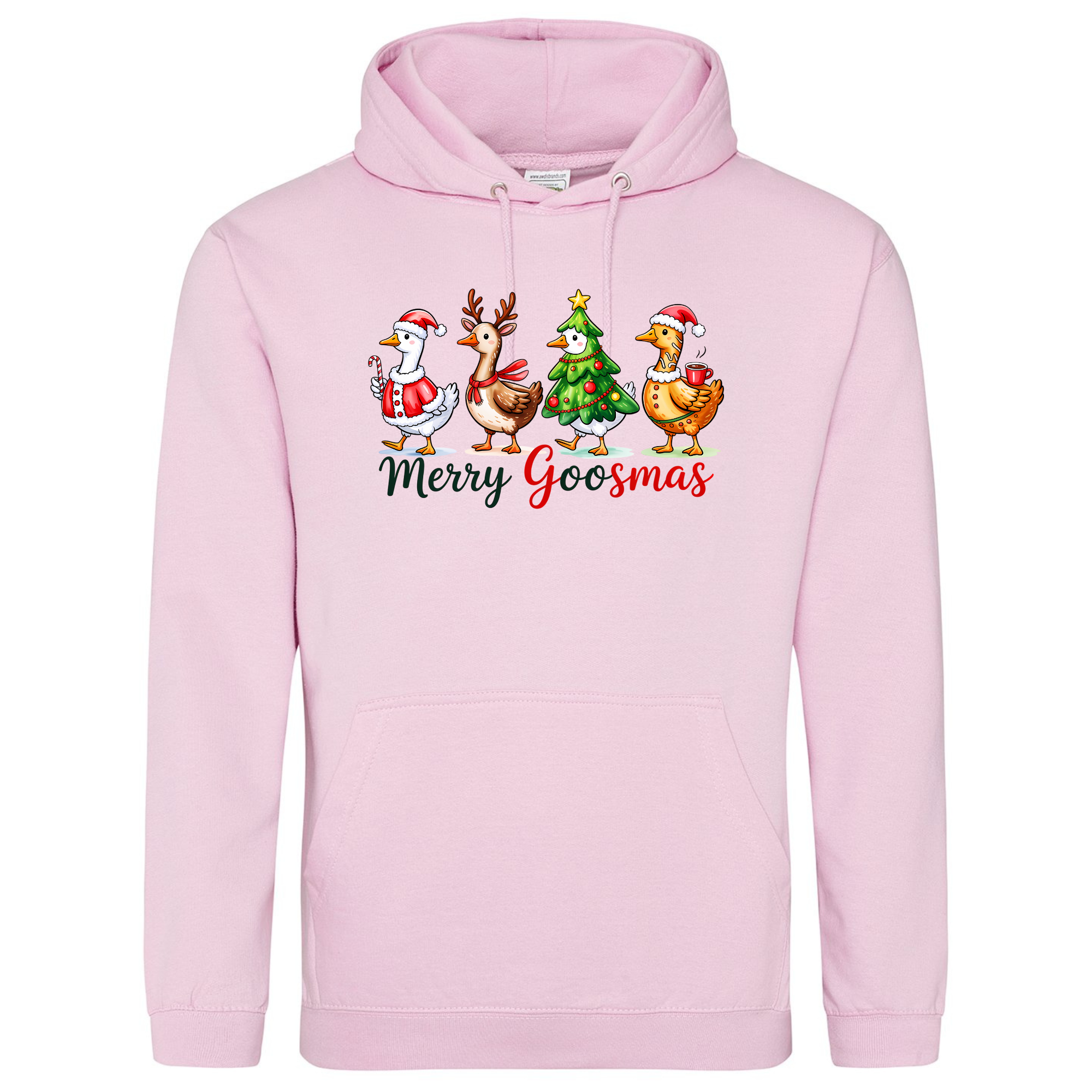 Merry Goosmas Hoodie in Baby Pink with Christmas geese illustration.