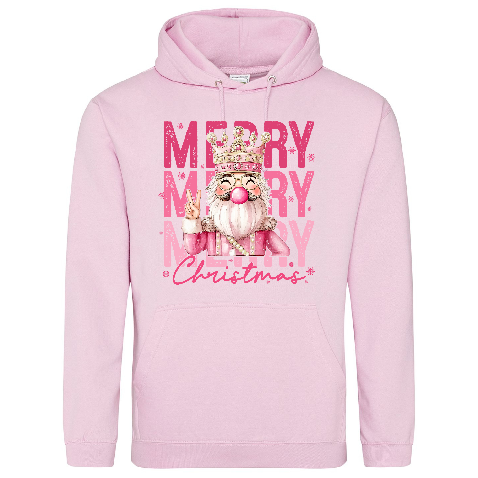 Pink Nutcracker Hoodie in Baby Pink – pastel festive hoodie with Santa peace design.