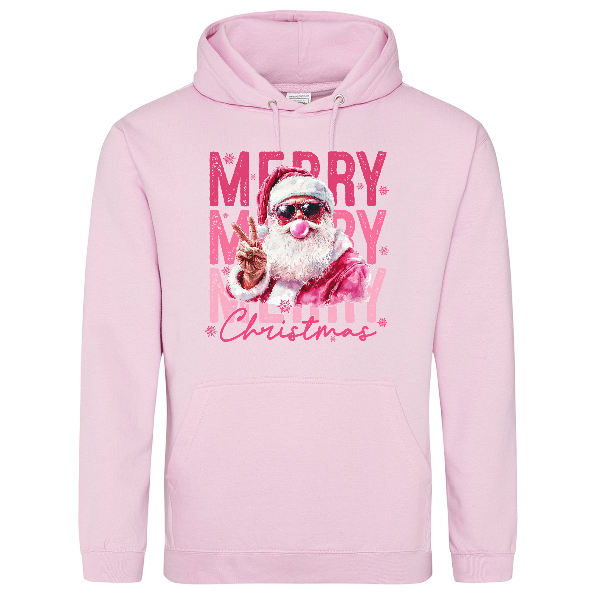 Pink Santa Merry Christmas Hoodie in Baby Pink with trendy Santa bubblegum print.