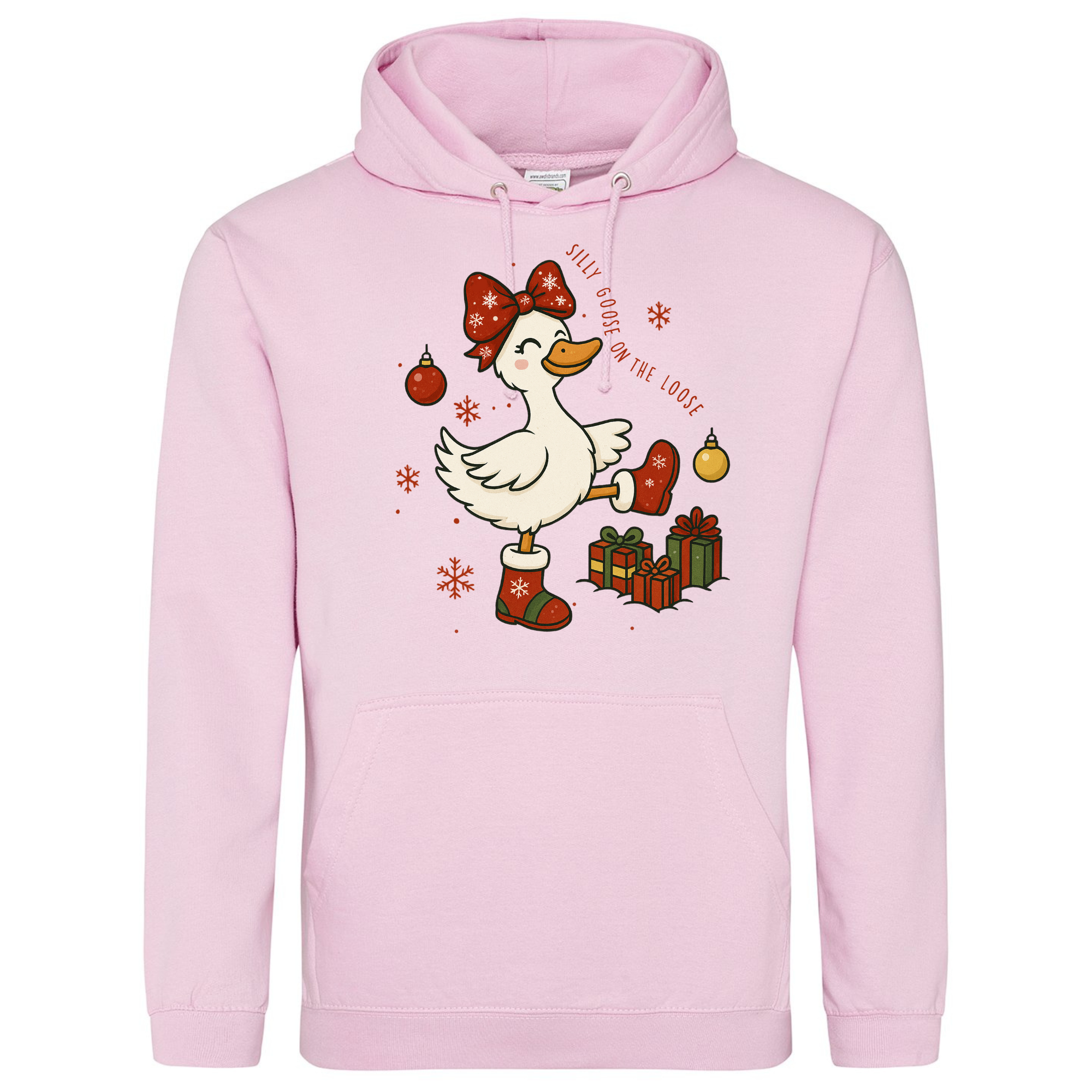 Silly Goose on the Loose Christmas Hoodie in Baby Pink featuring a goose in boots and bow surrounded by baubles.