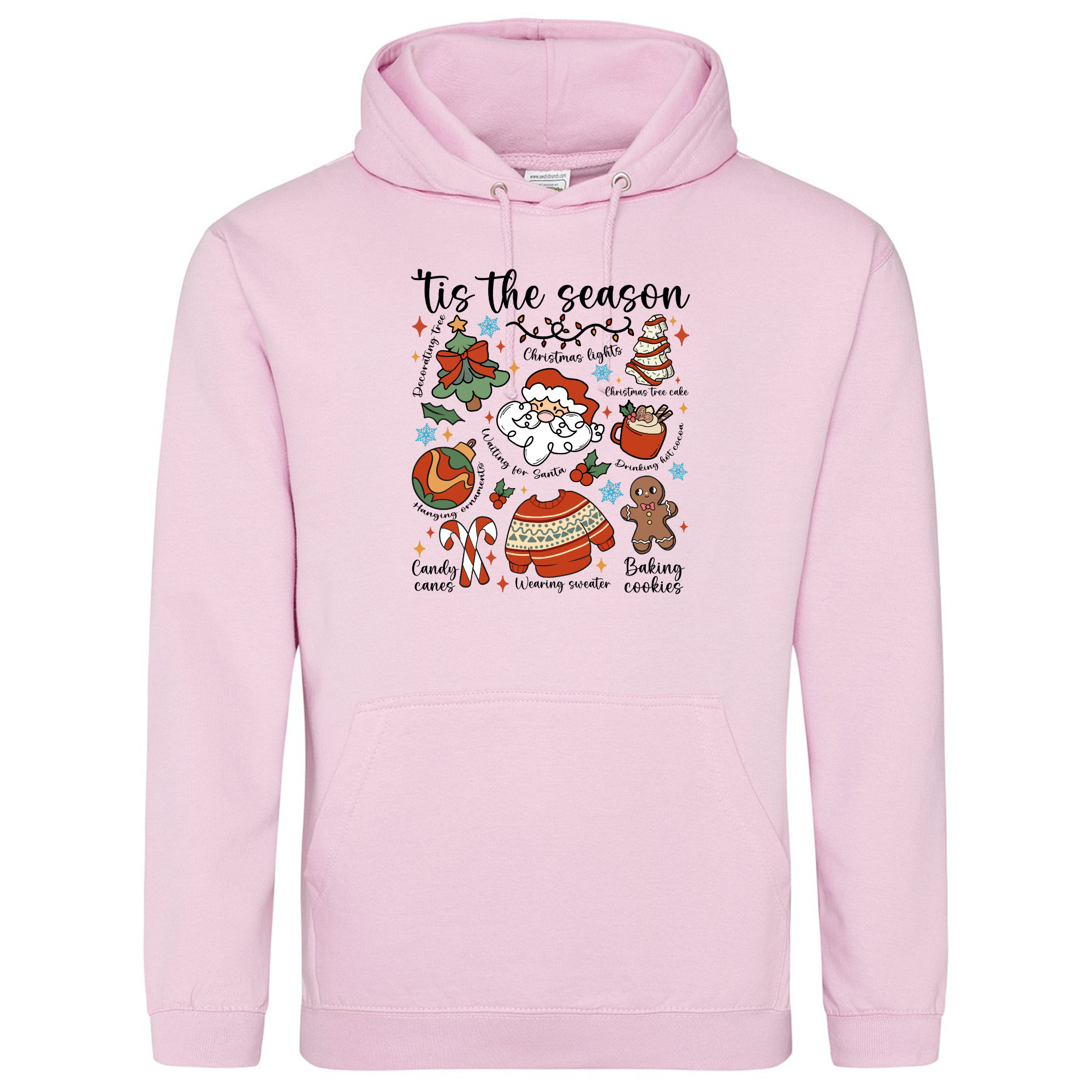 Tis the Season Cartoon Christmas Hoodie in Baby Pink with Santa and holiday icons.