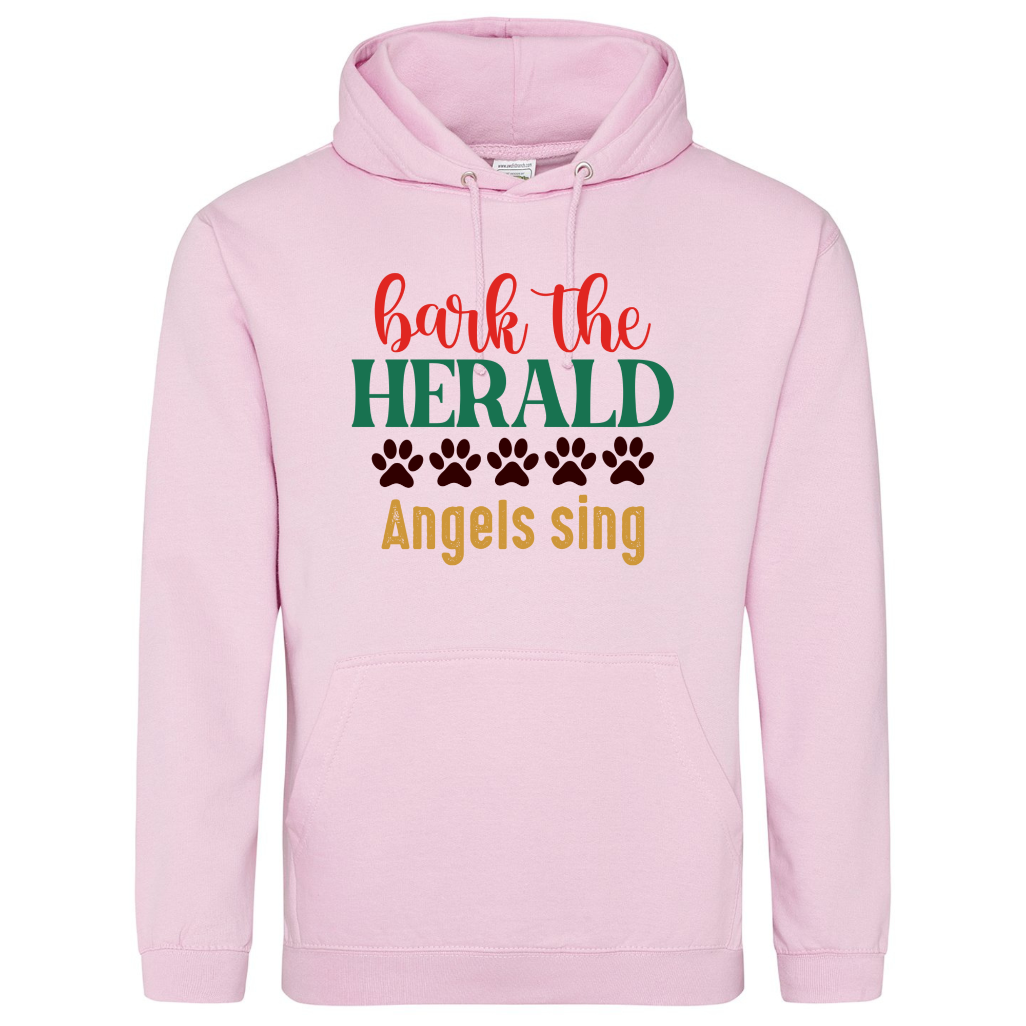 Baby pink hoodie with “Bark the Herald Angels Sing” text and paw prints in festive red, green, and gold.