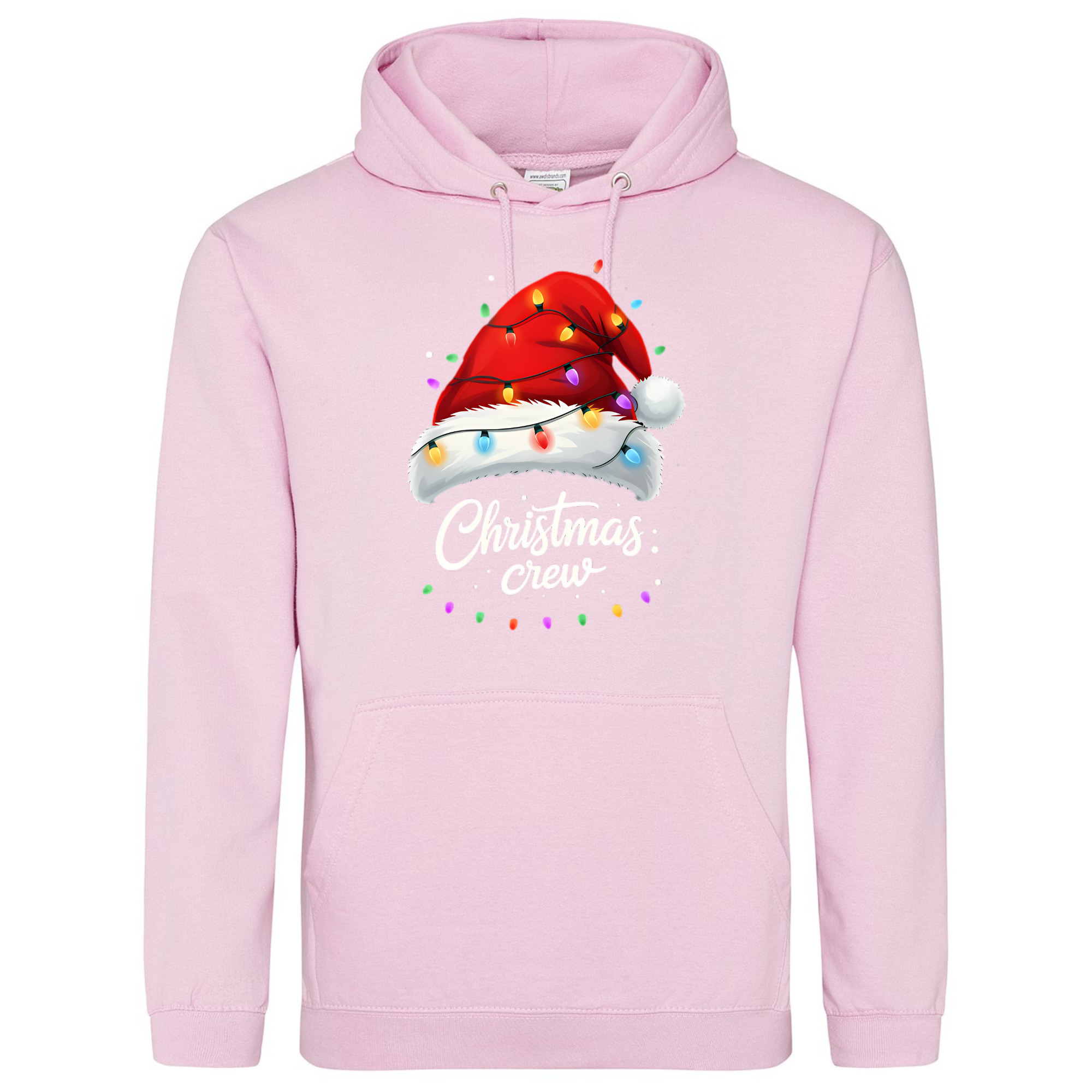 Light pink hoodie with festive Christmas Crew Santa hat and lights design.