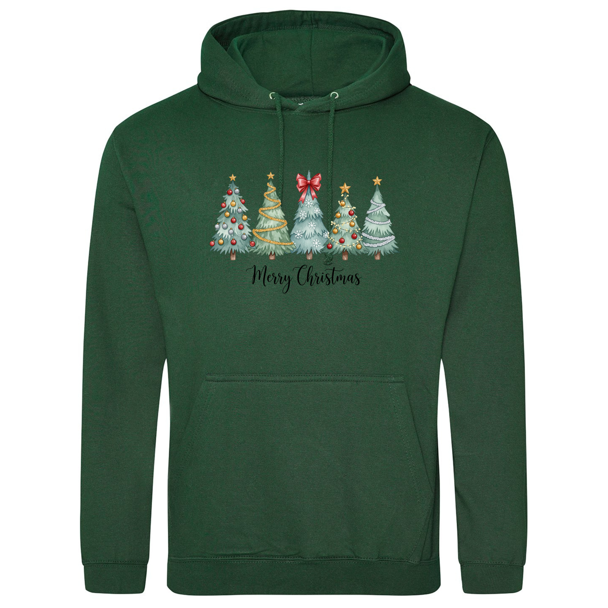 Christmas Trees Hoodie in Bottle Green with festive tree illustration