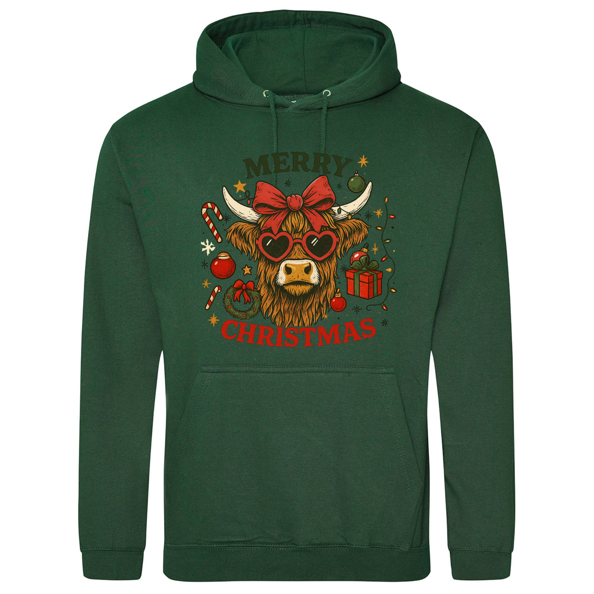Merry Christmas Highland Cow Hoodie in Bottle Green